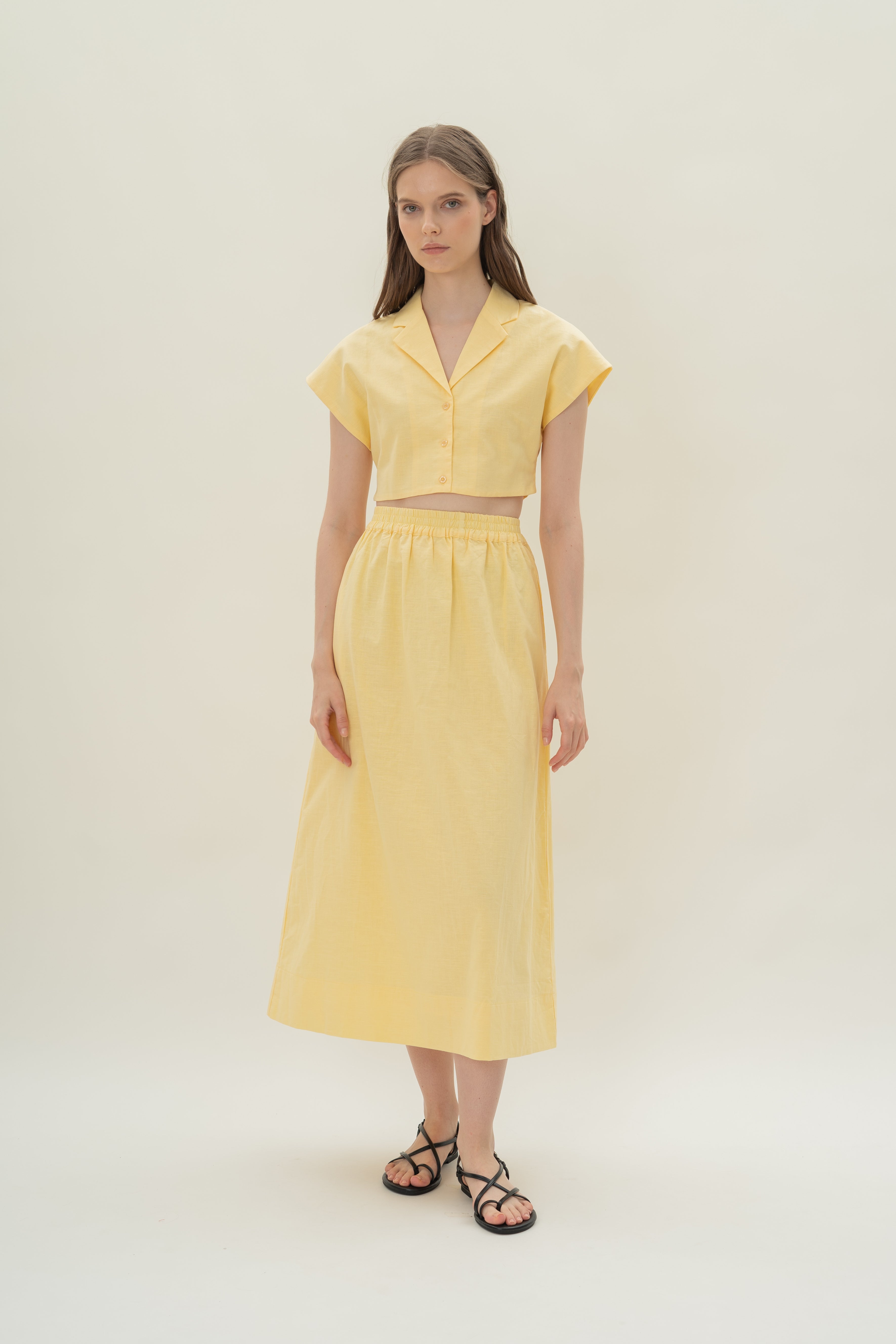 Linen Cropped Lapel Shirt in Lemon