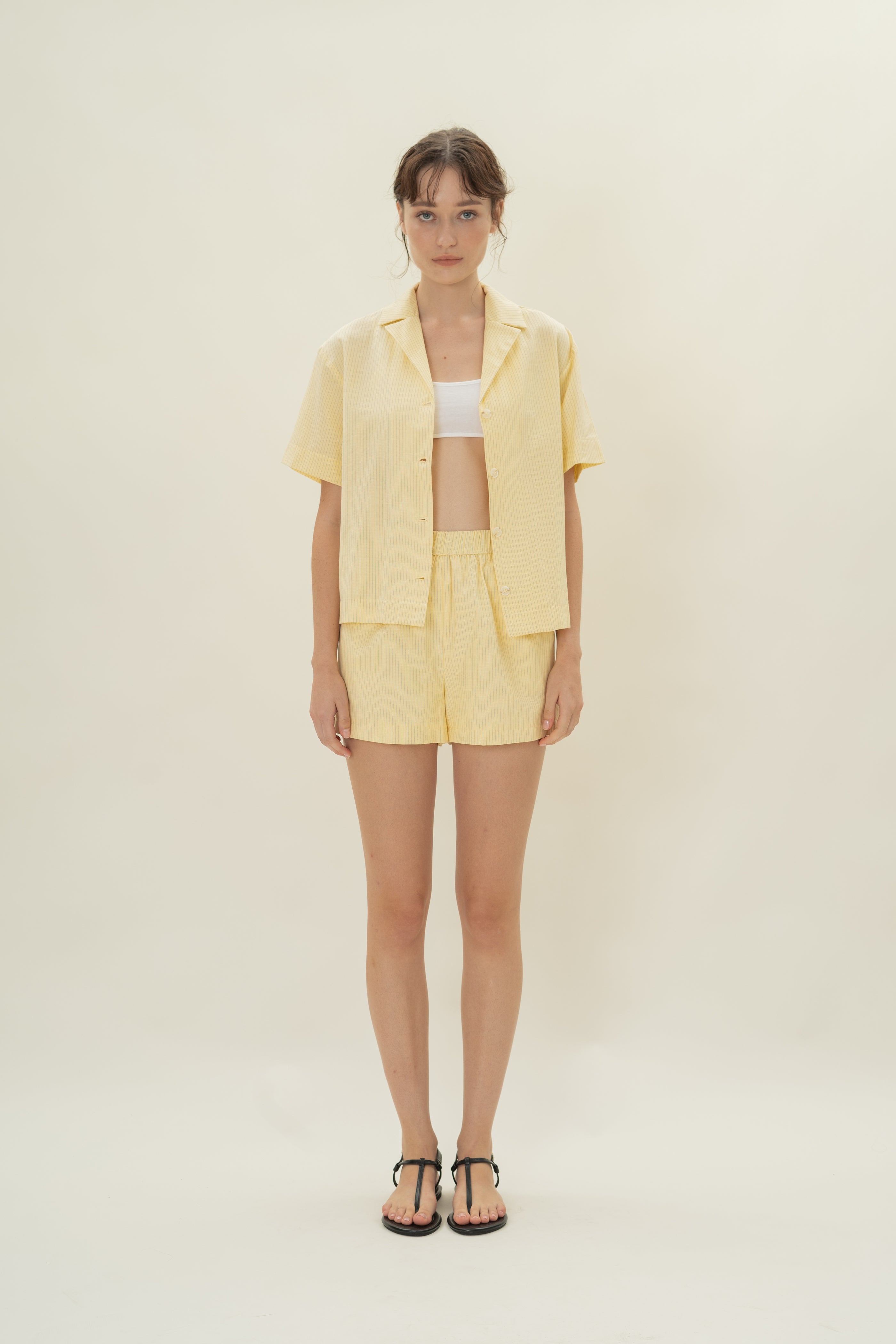 Cruise Short Sleeved Shirt in Linen Blend Lemon Stripes