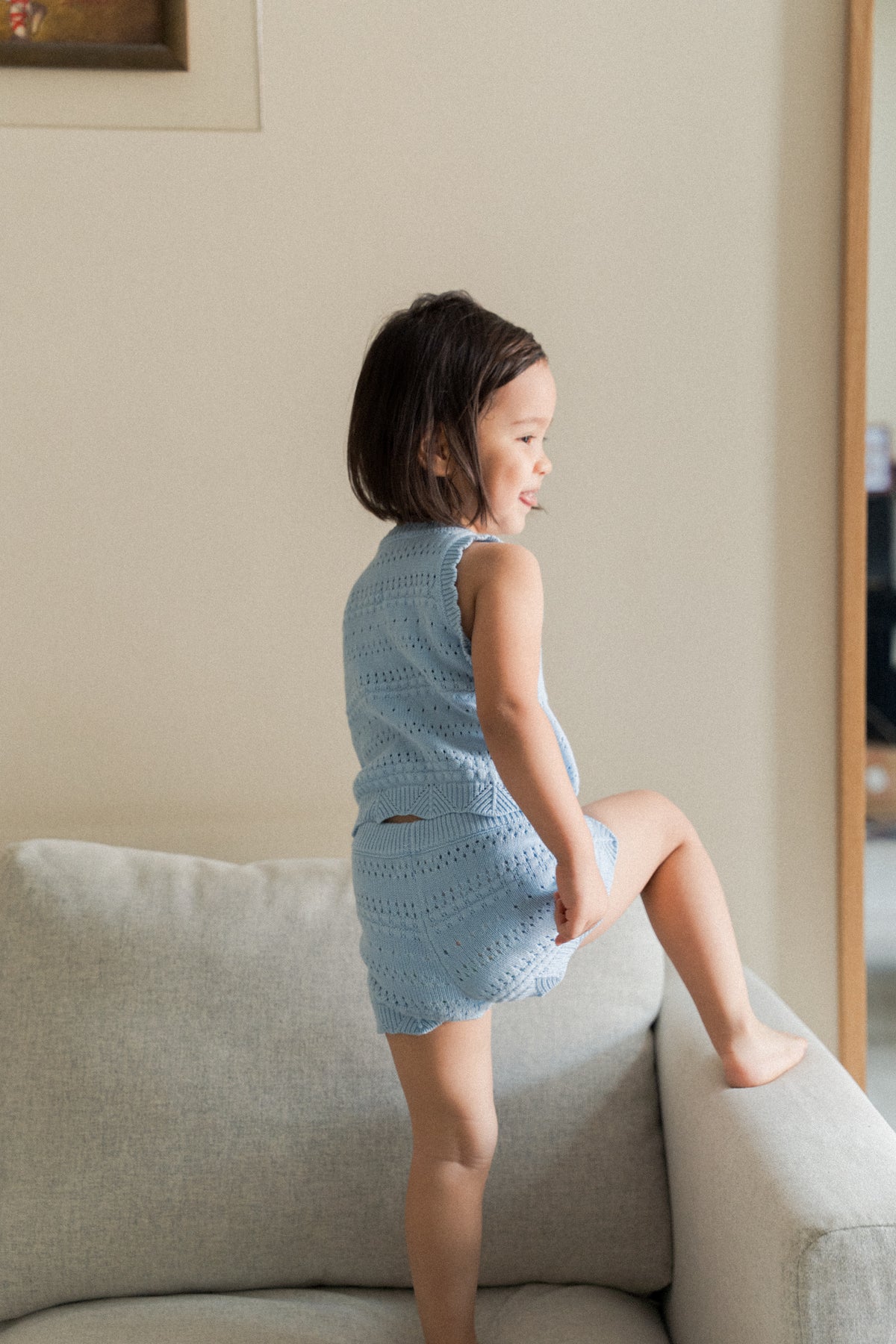 Mini Crochet Knit Shorts in Mist Blue
