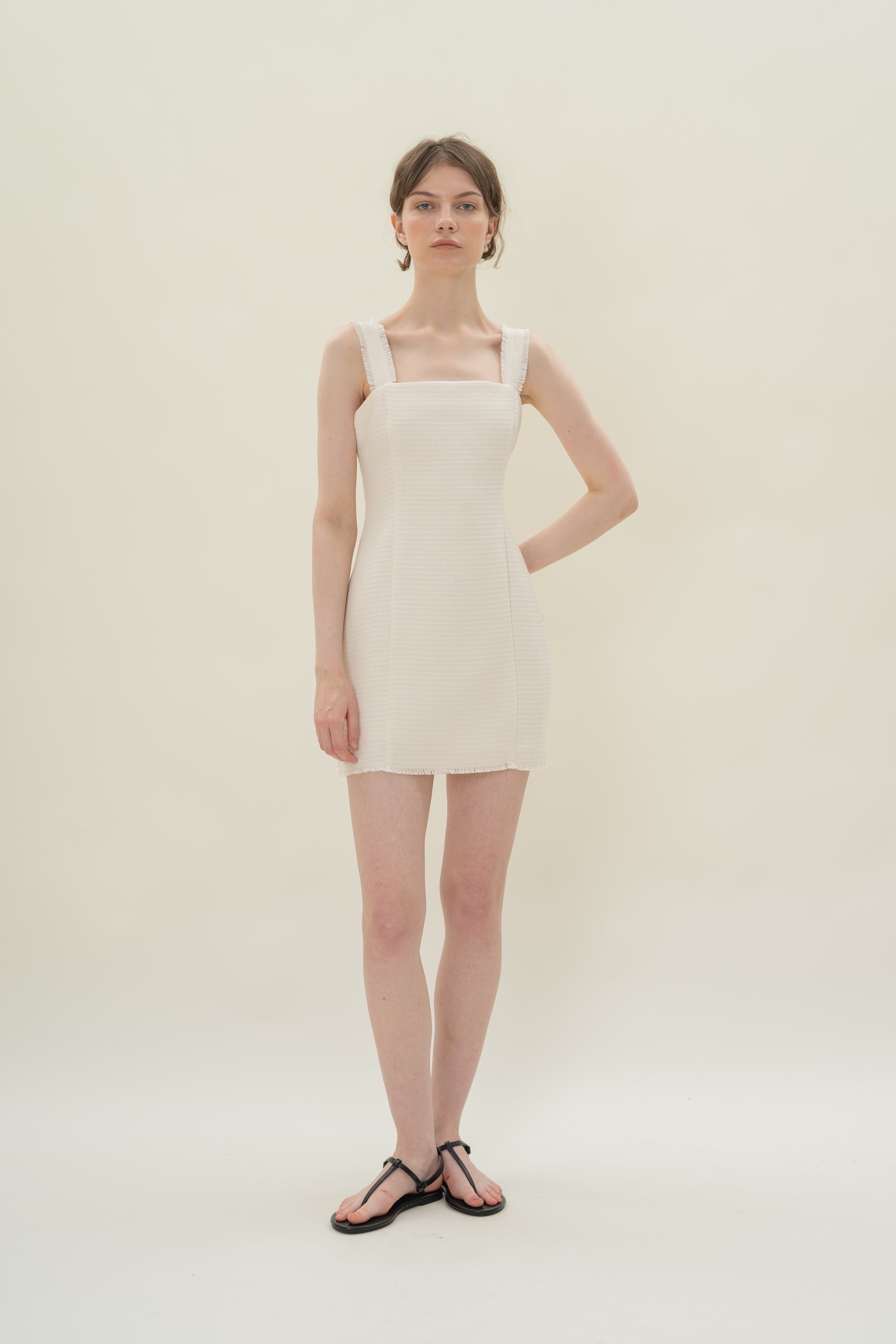 Frayed Hem Textured Mini Dress in Tweed White