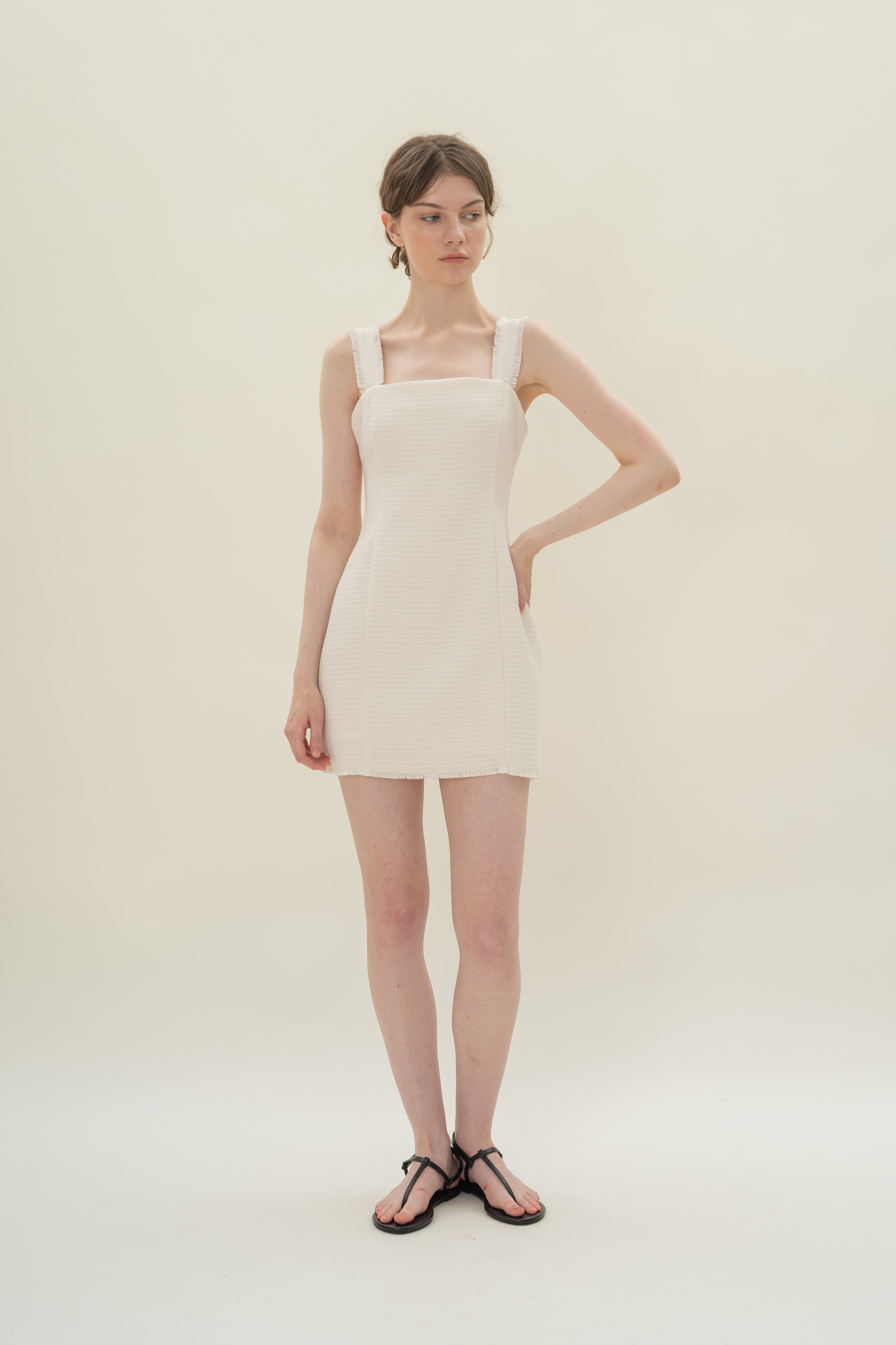 Frayed Hem Textured Mini Dress in Tweed White