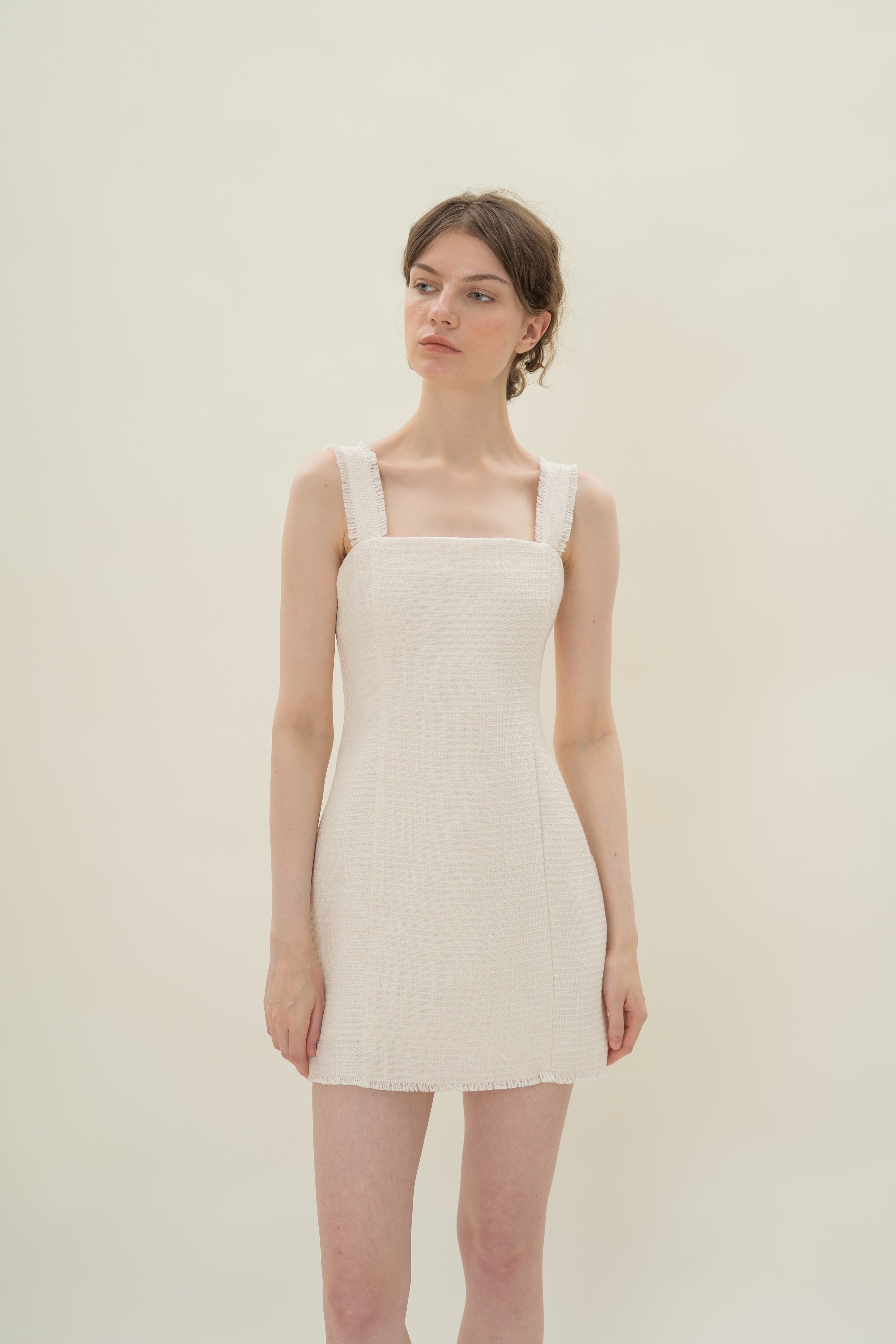 Frayed Hem Textured Mini Dress in Tweed White