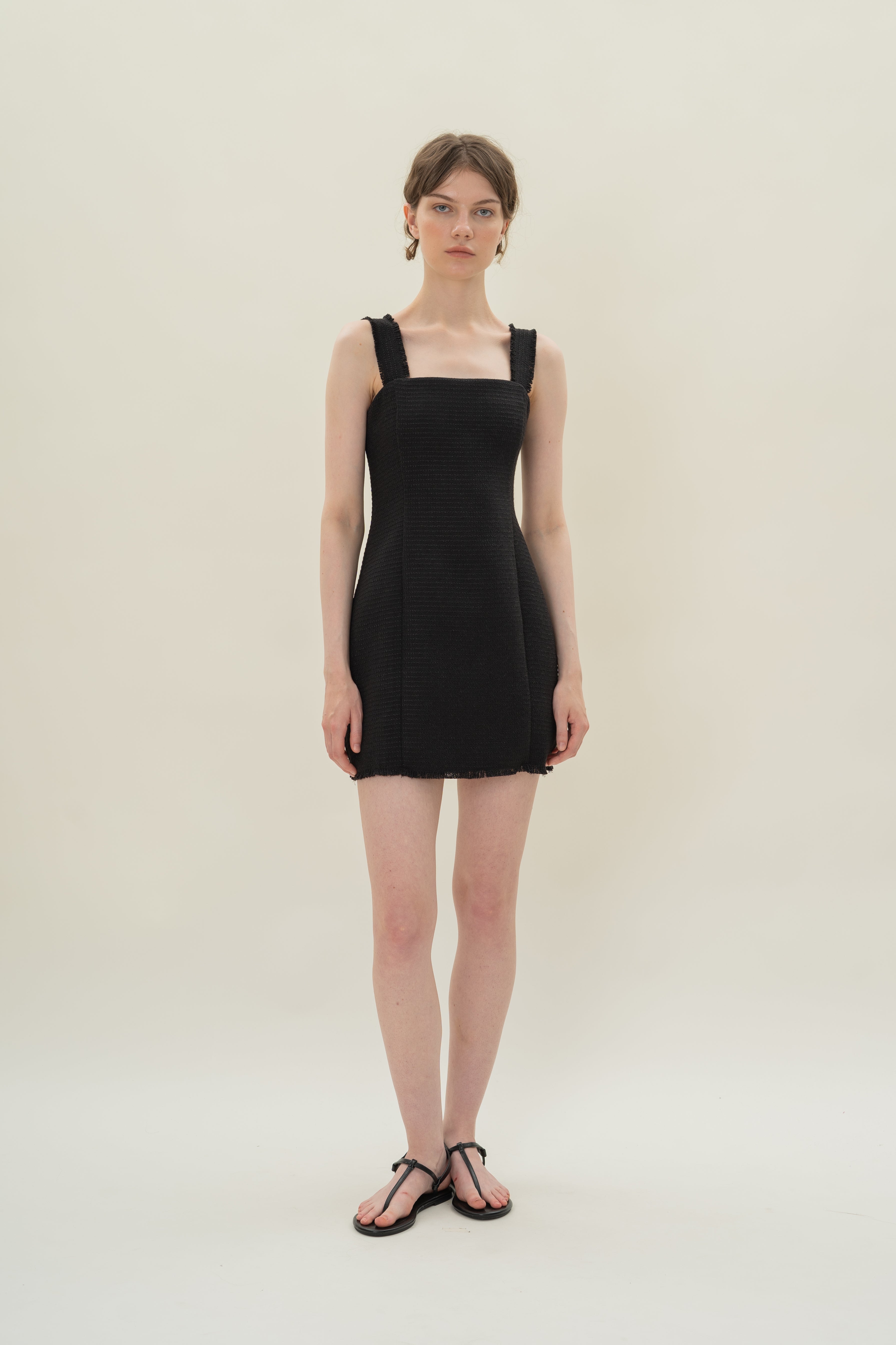 Frayed Hem Textured Mini Dress in Tweed Black
