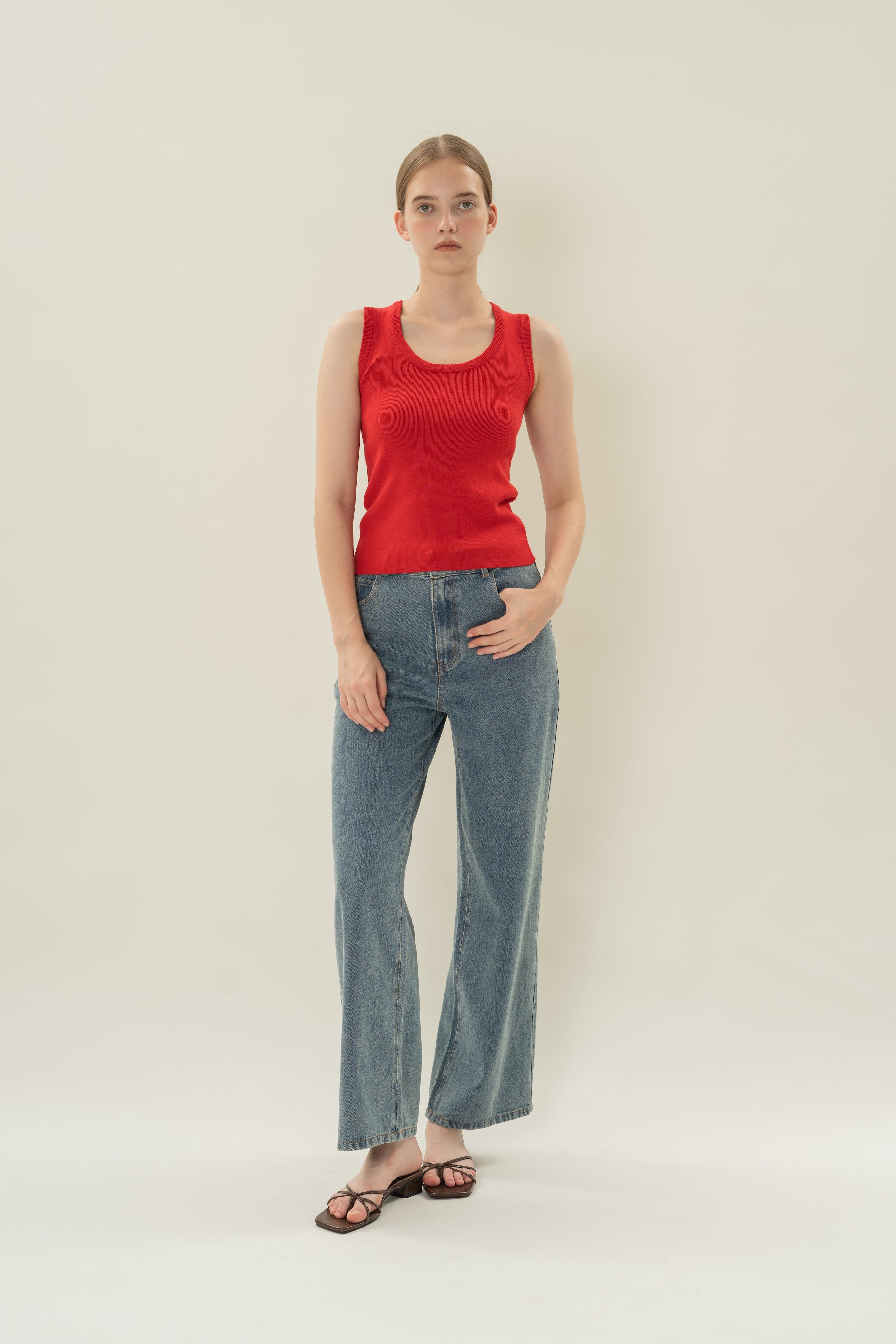 Round Neck Knitted Tank in Scarlet Red