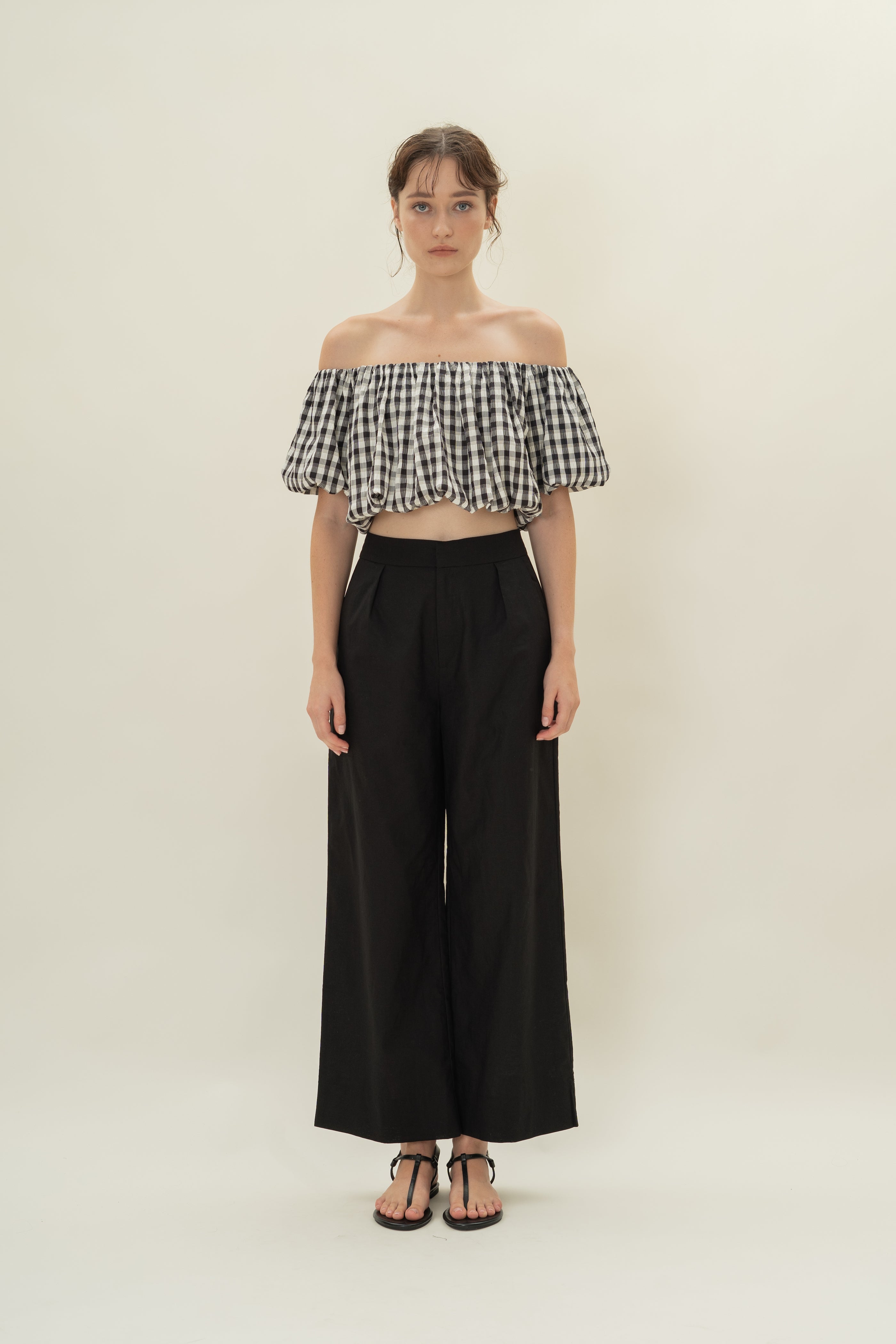 Puff Sleeve Off Shoulder Bubble Top in Black Gingham