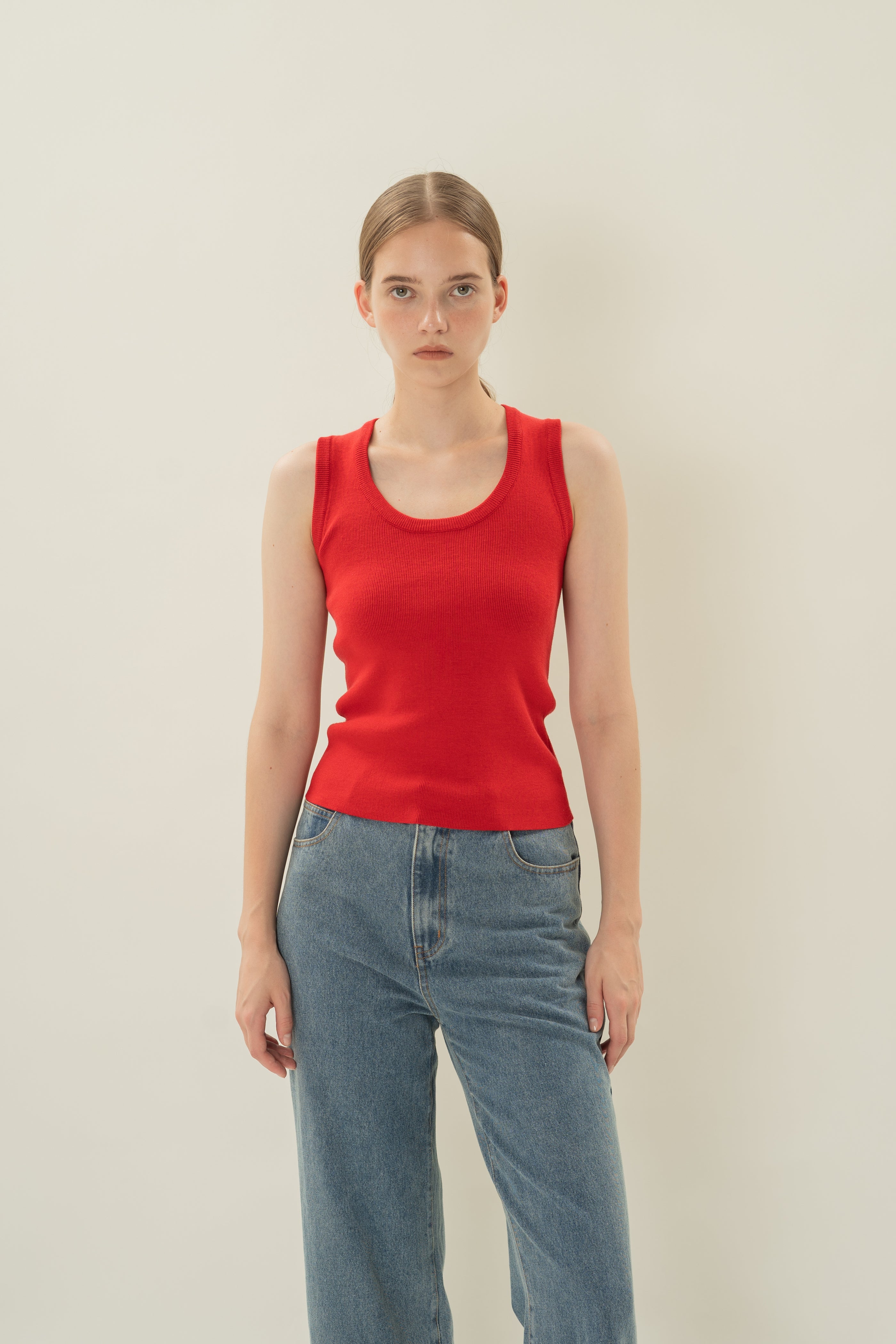 Round Neck Knitted Tank in Scarlet Red