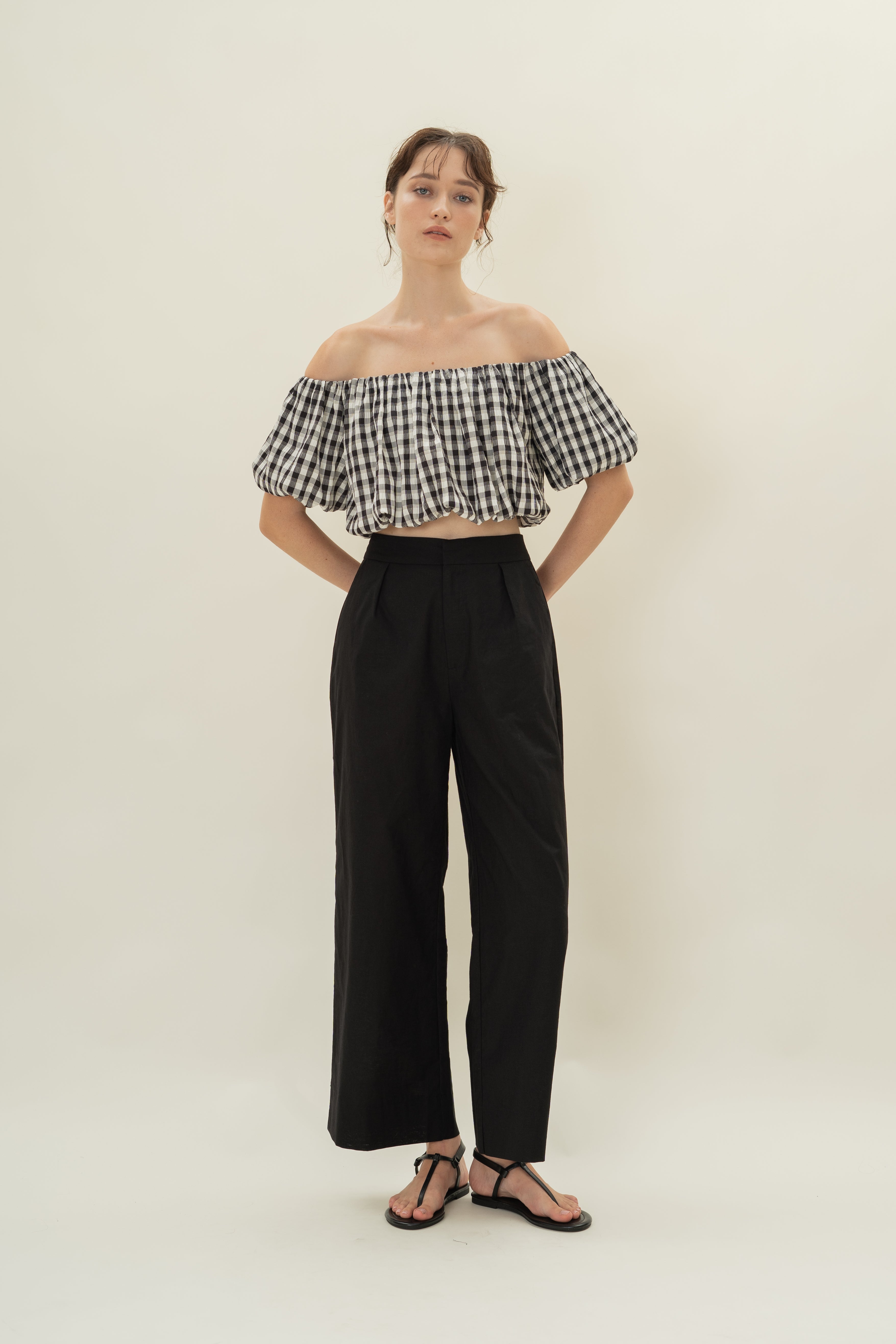 Puff Sleeve Off Shoulder Bubble Top in Black Gingham