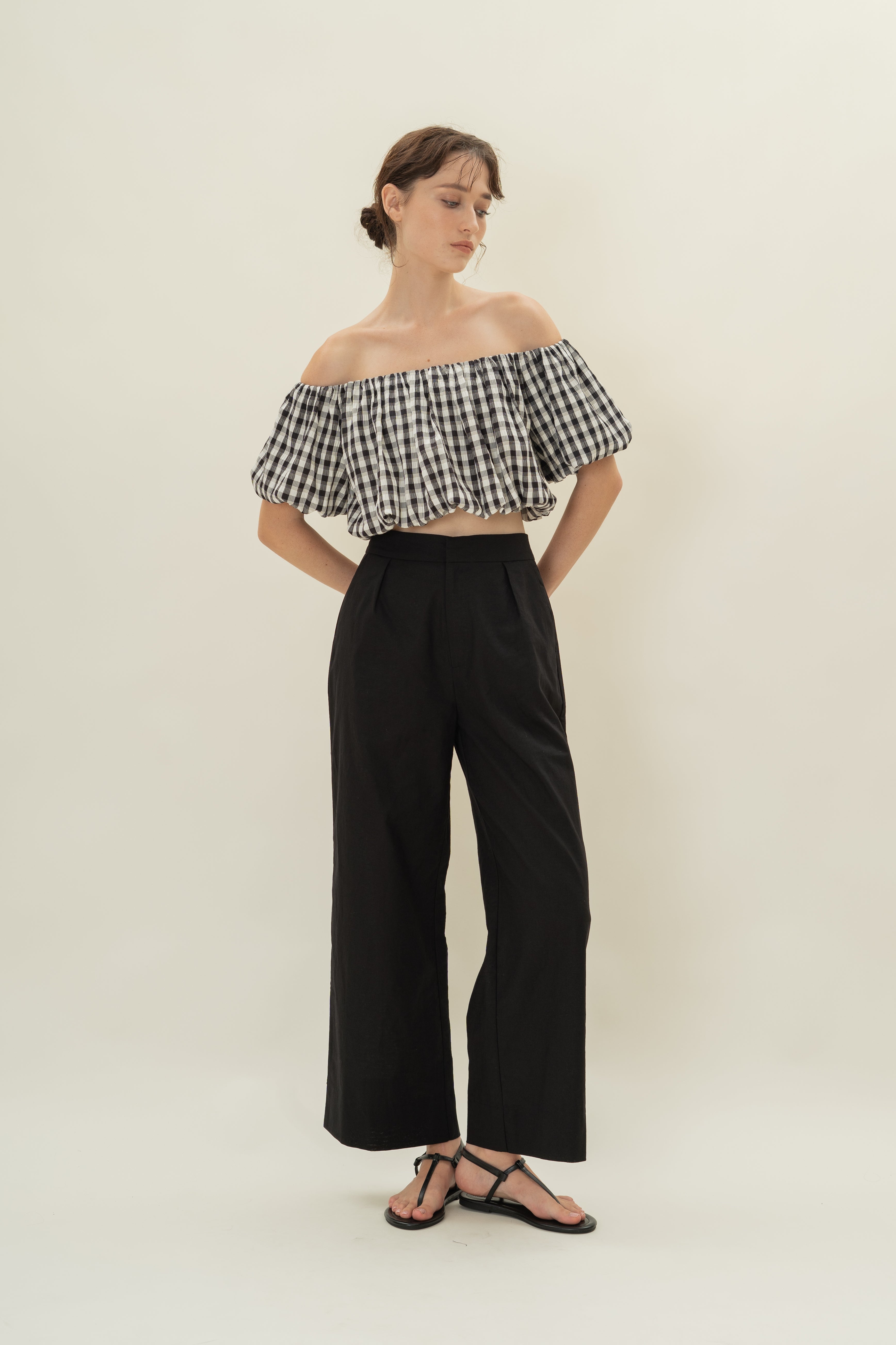 Puff Sleeve Off Shoulder Bubble Top in Black Gingham