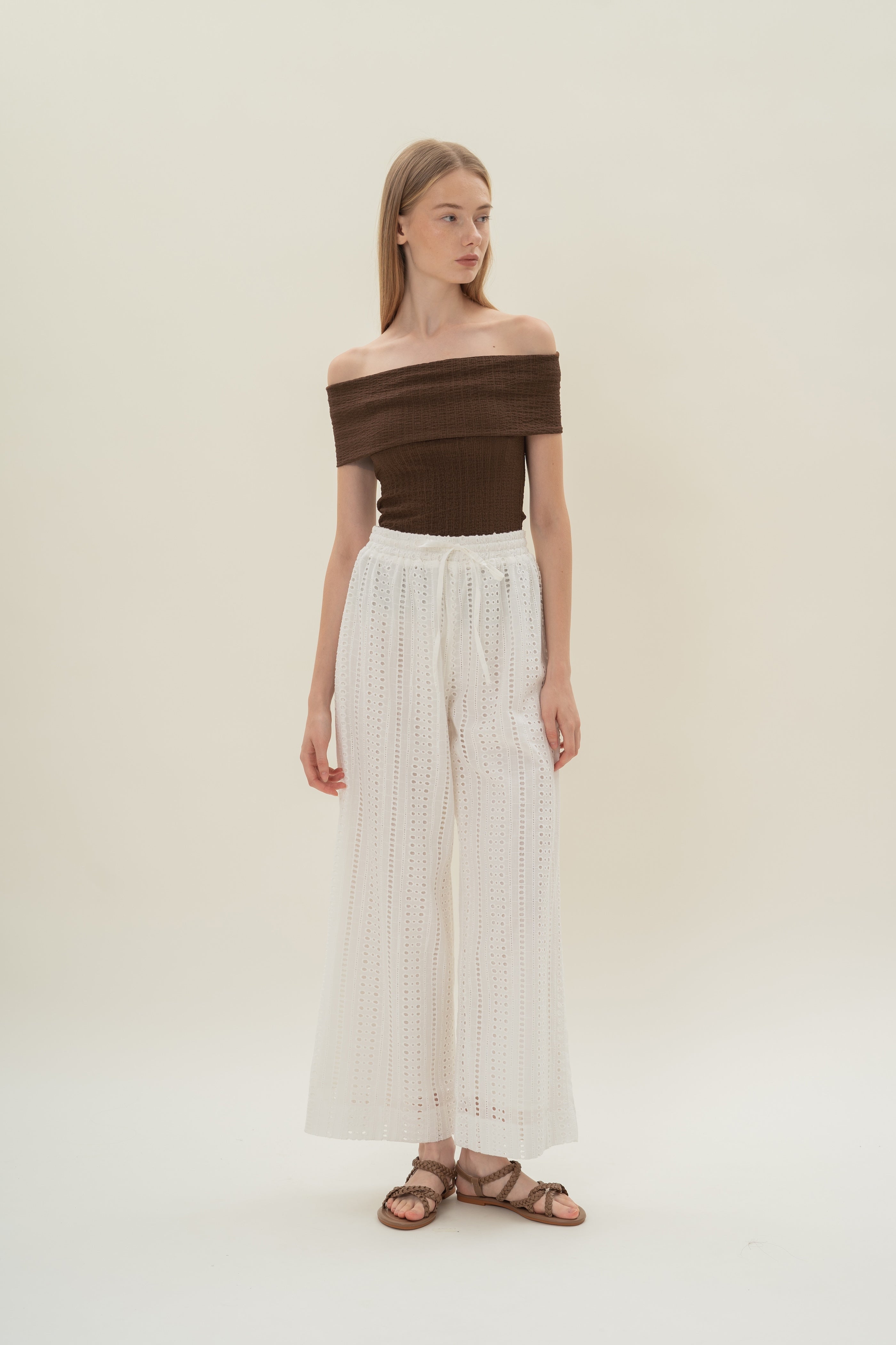 Crinkled Off Shoulder Wrap Top in Java