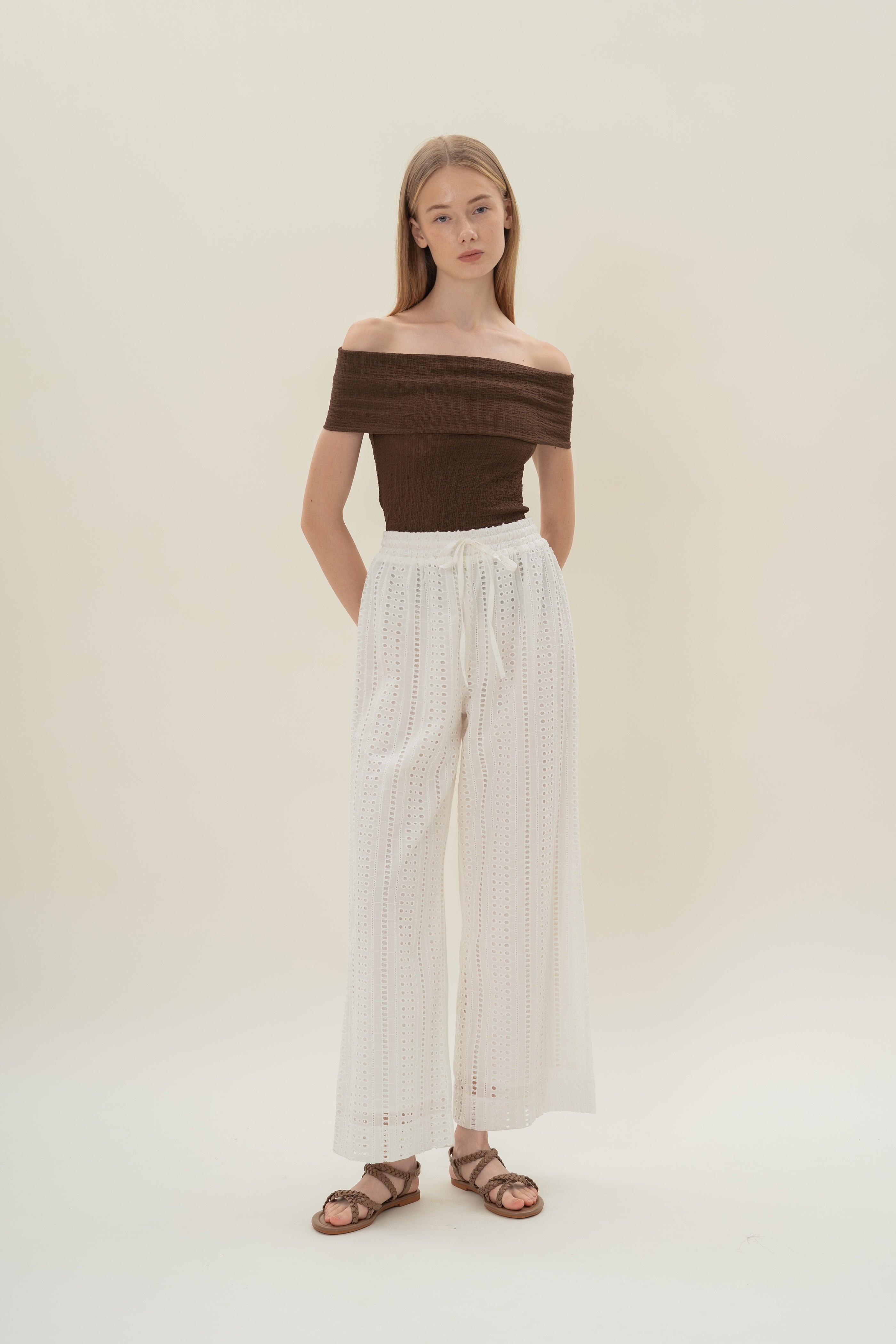 Crinkled Off Shoulder Wrap Top in Java