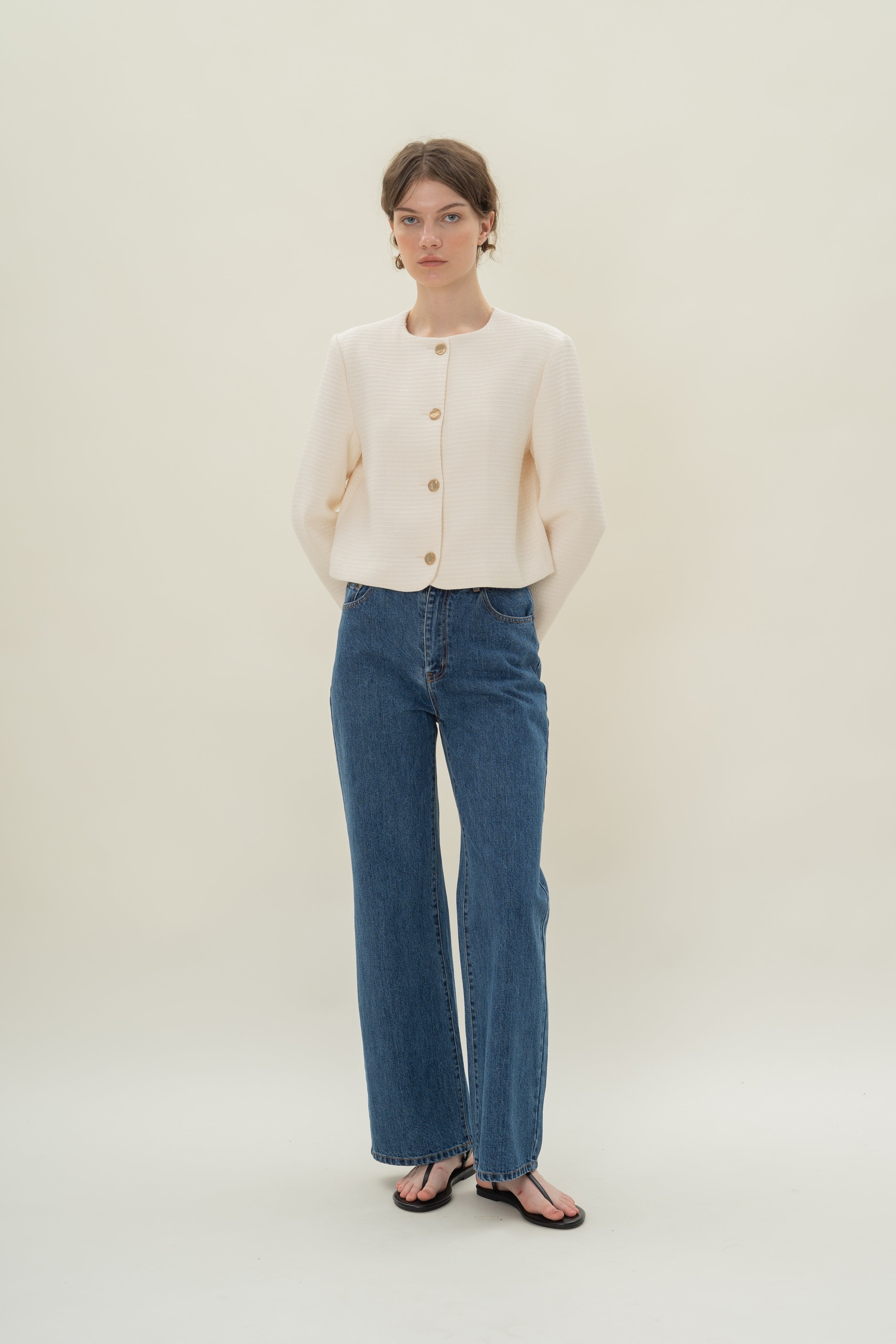 Textured Collarless Jacket in Tweed White