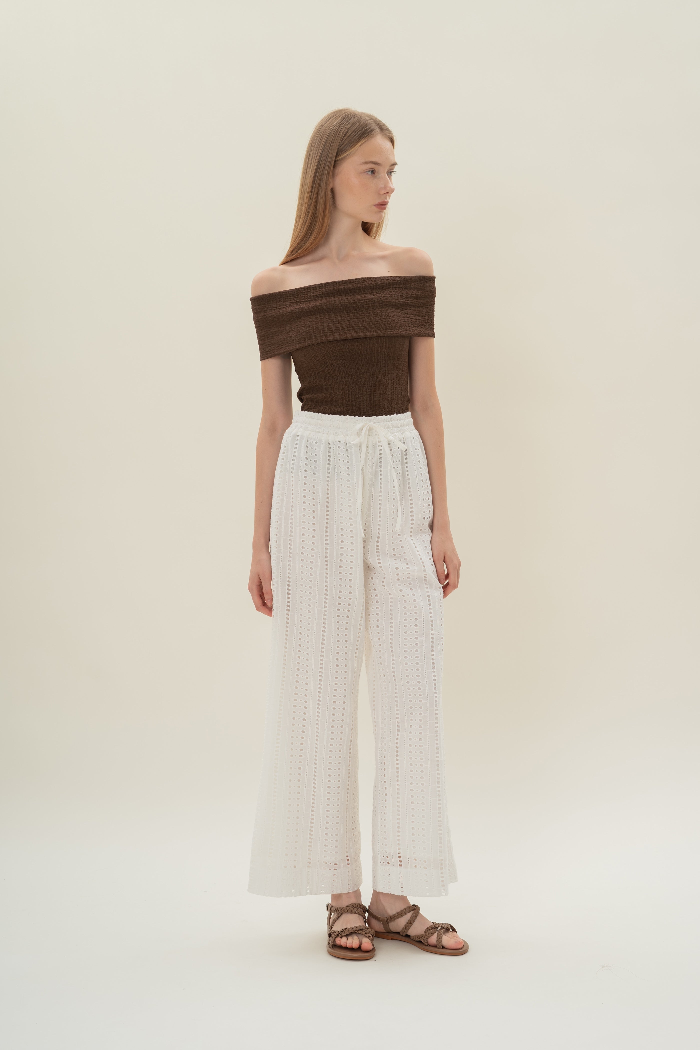 Crinkled Off Shoulder Wrap Top in Java