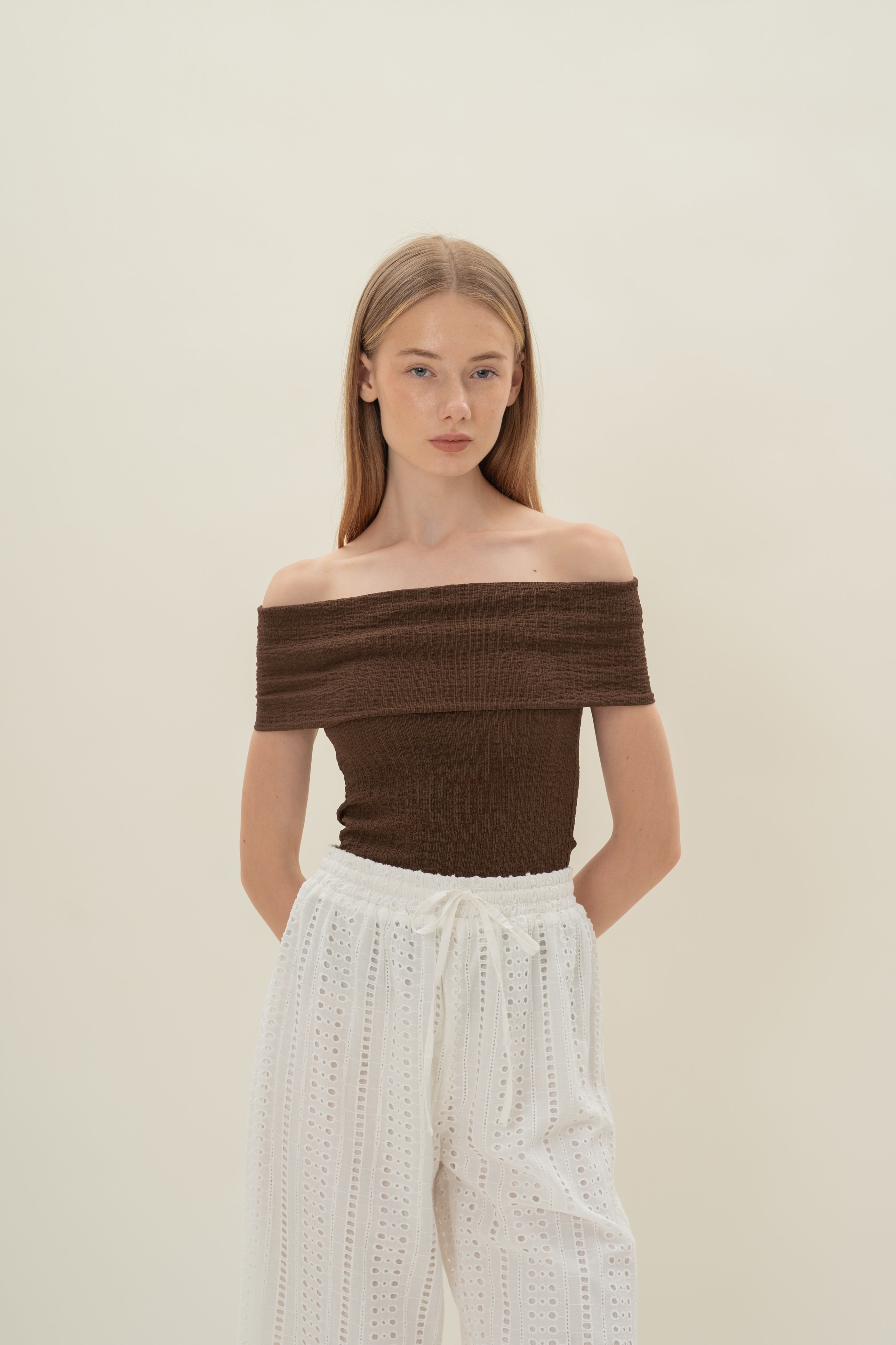 Crinkled Off Shoulder Wrap Top in Java