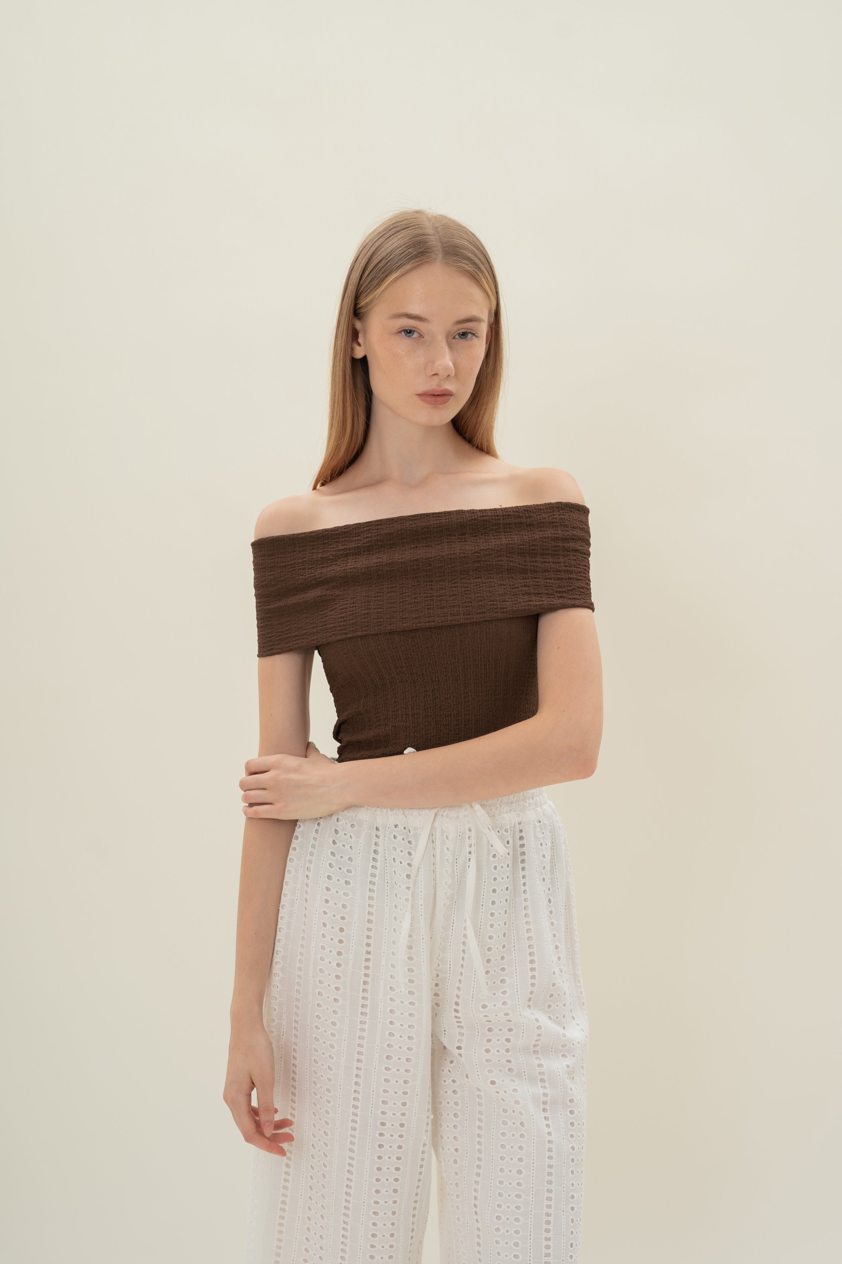 Crinkled Off Shoulder Wrap Top in Java