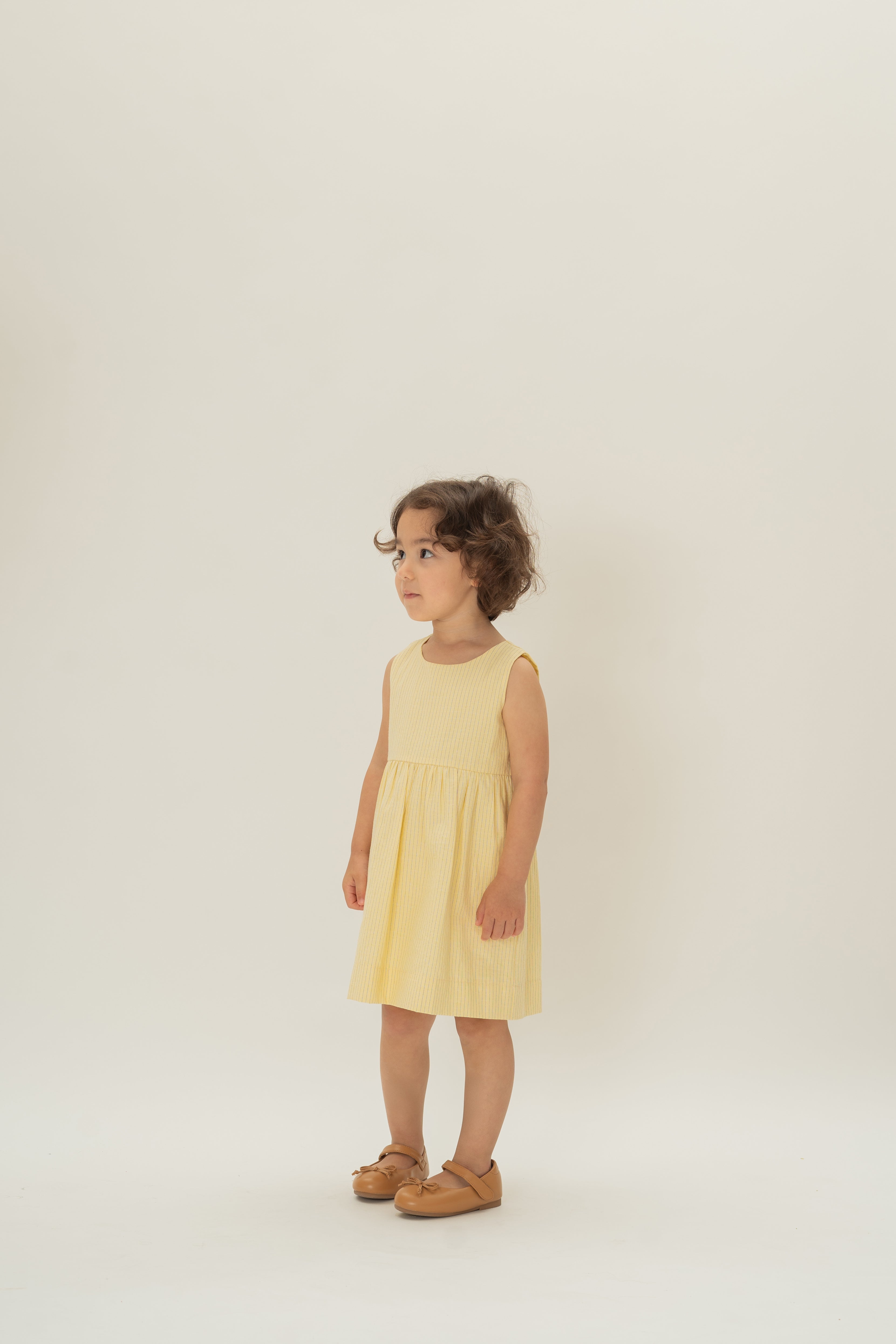 Mini Gathered Waist Dress in Linen Blend Lemon Stripes