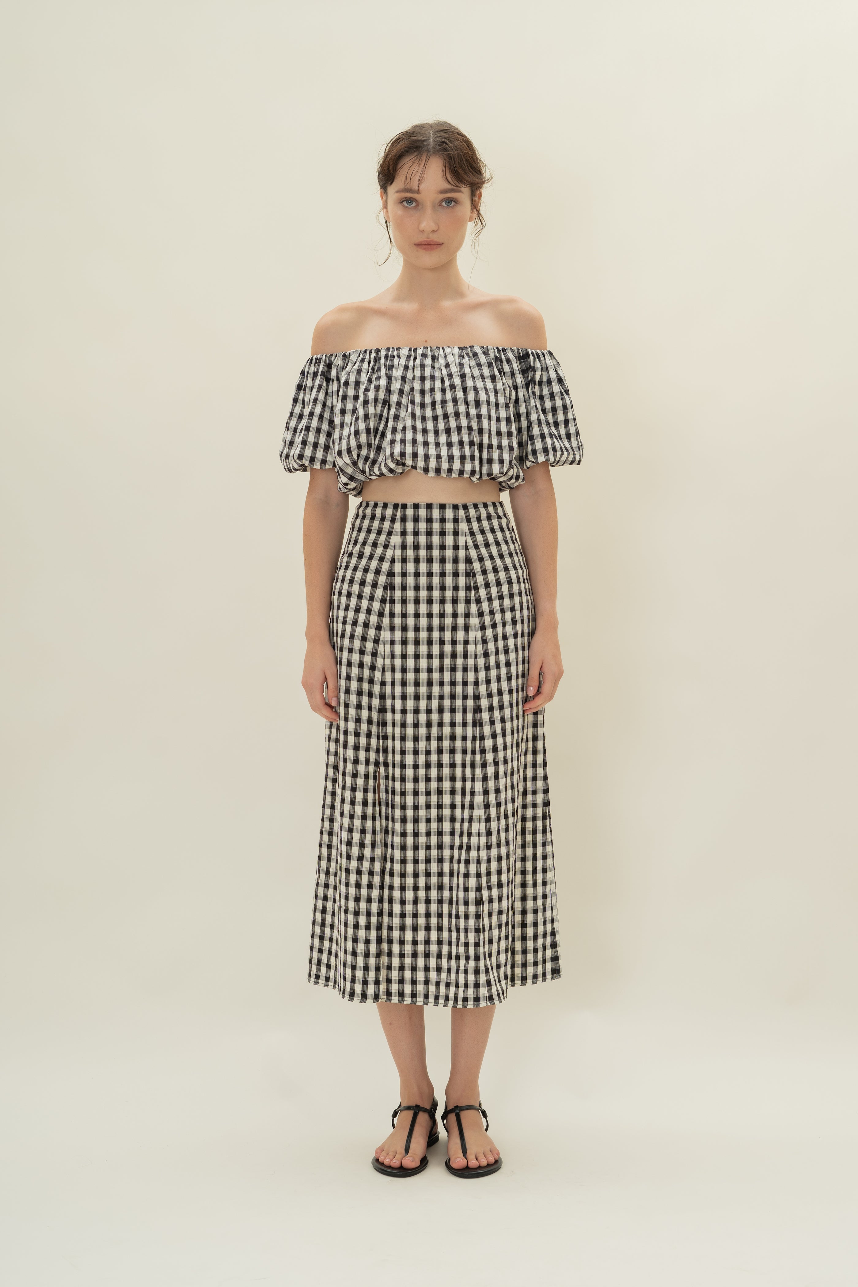Gingham Skirt with Slit in Black Gingham