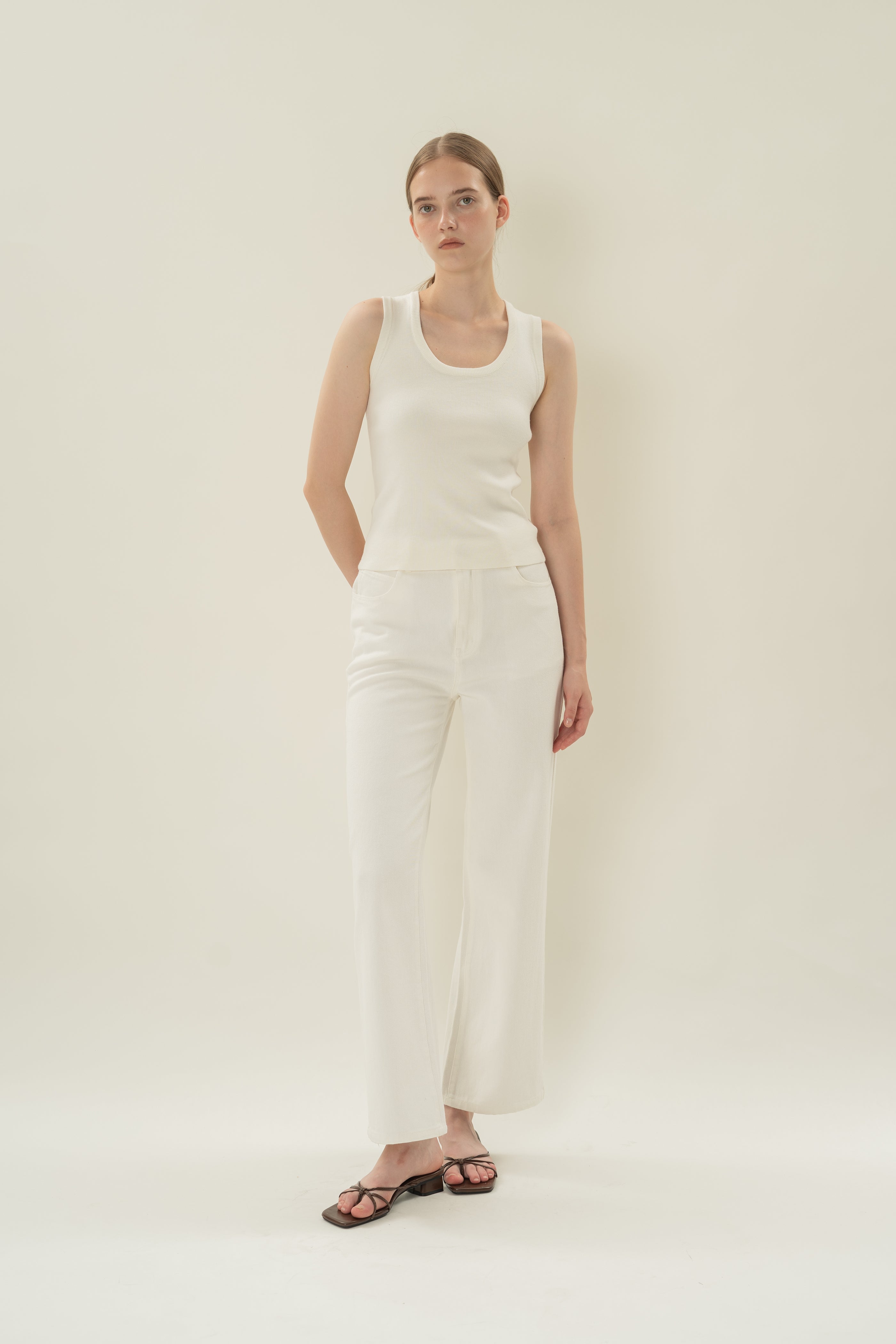 Round Neck Knitted Tank in White
