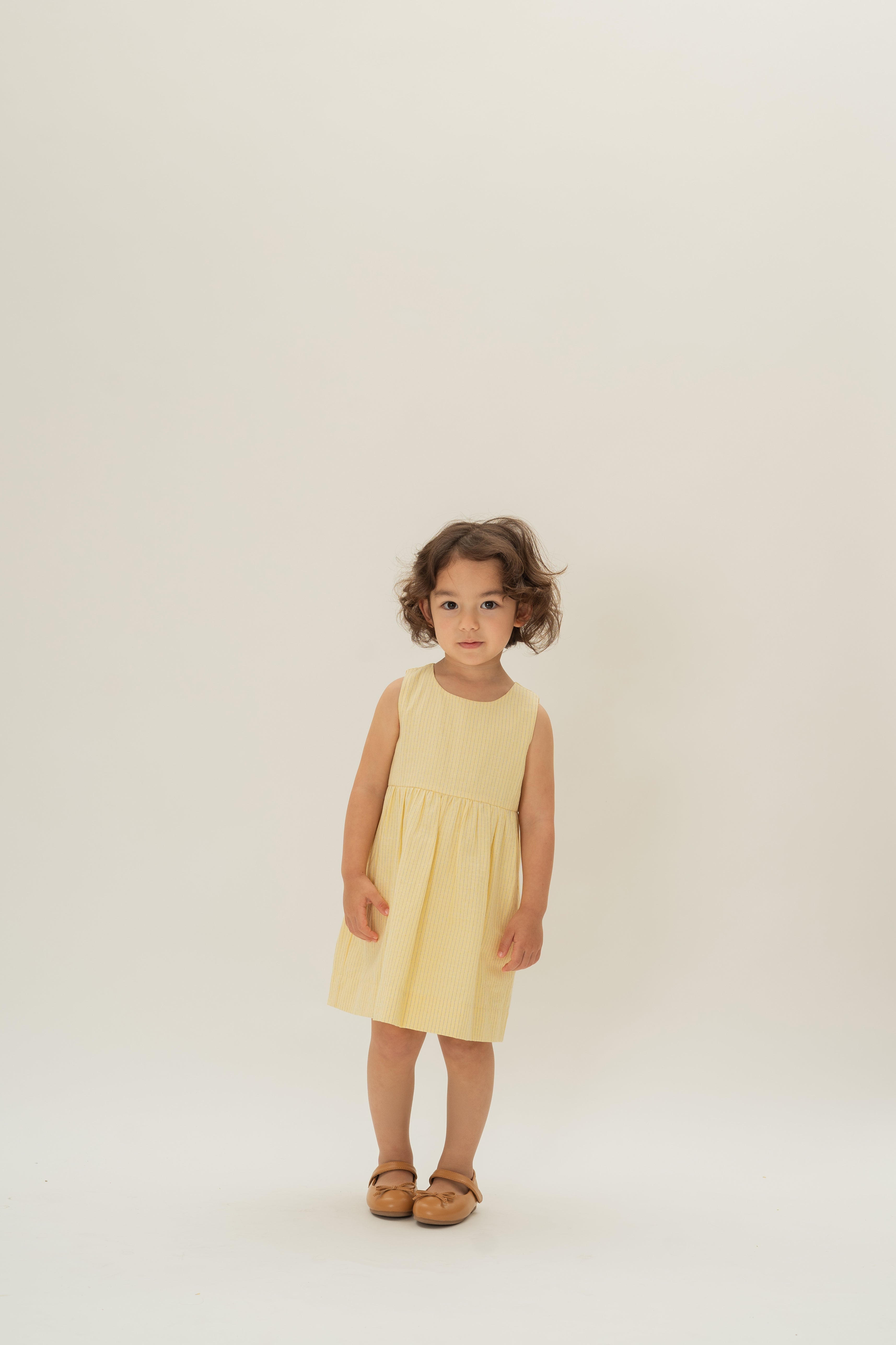 Mini Gathered Waist Dress in Linen Blend Lemon Stripes