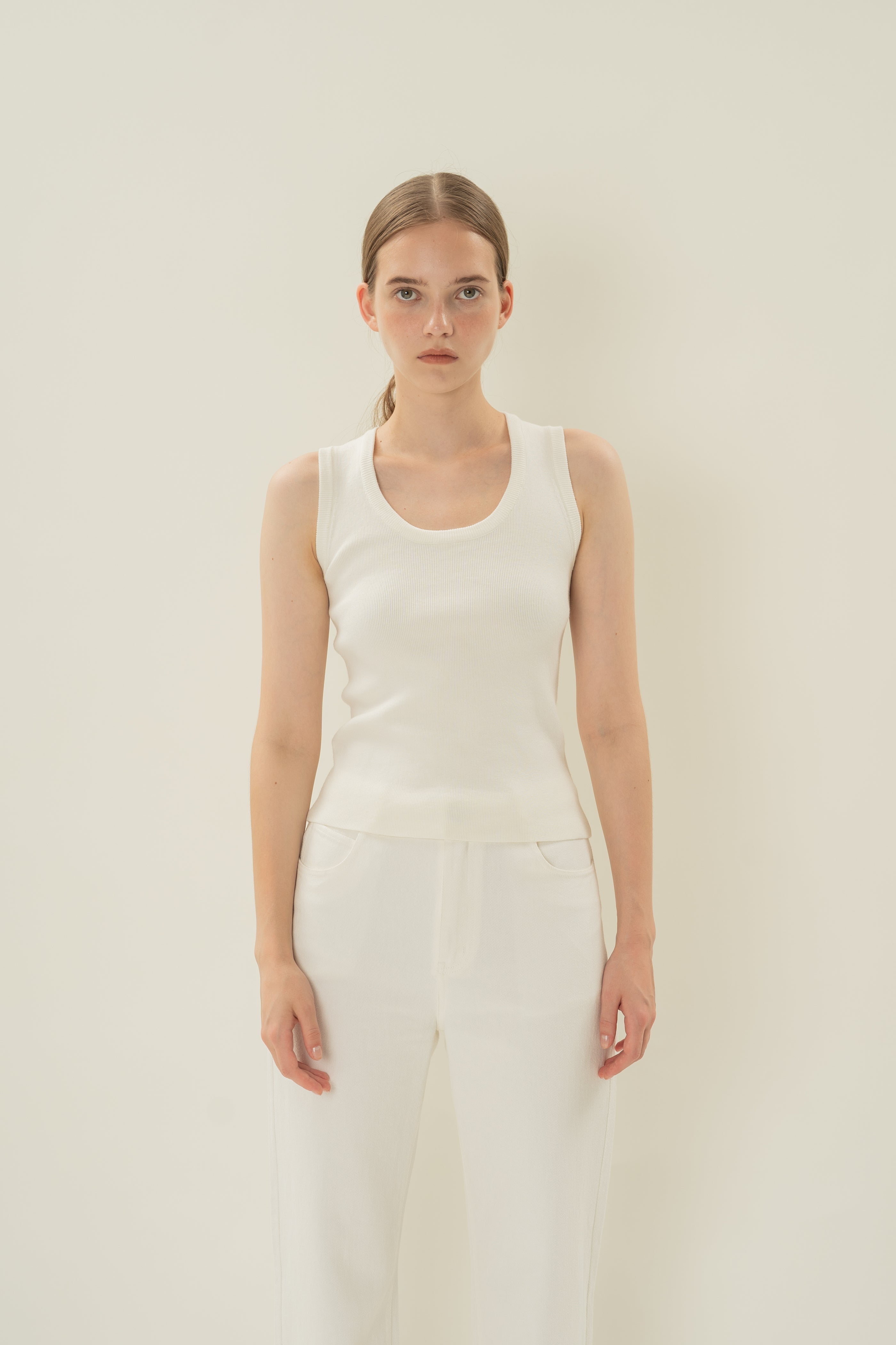 Round Neck Knitted Tank in White
