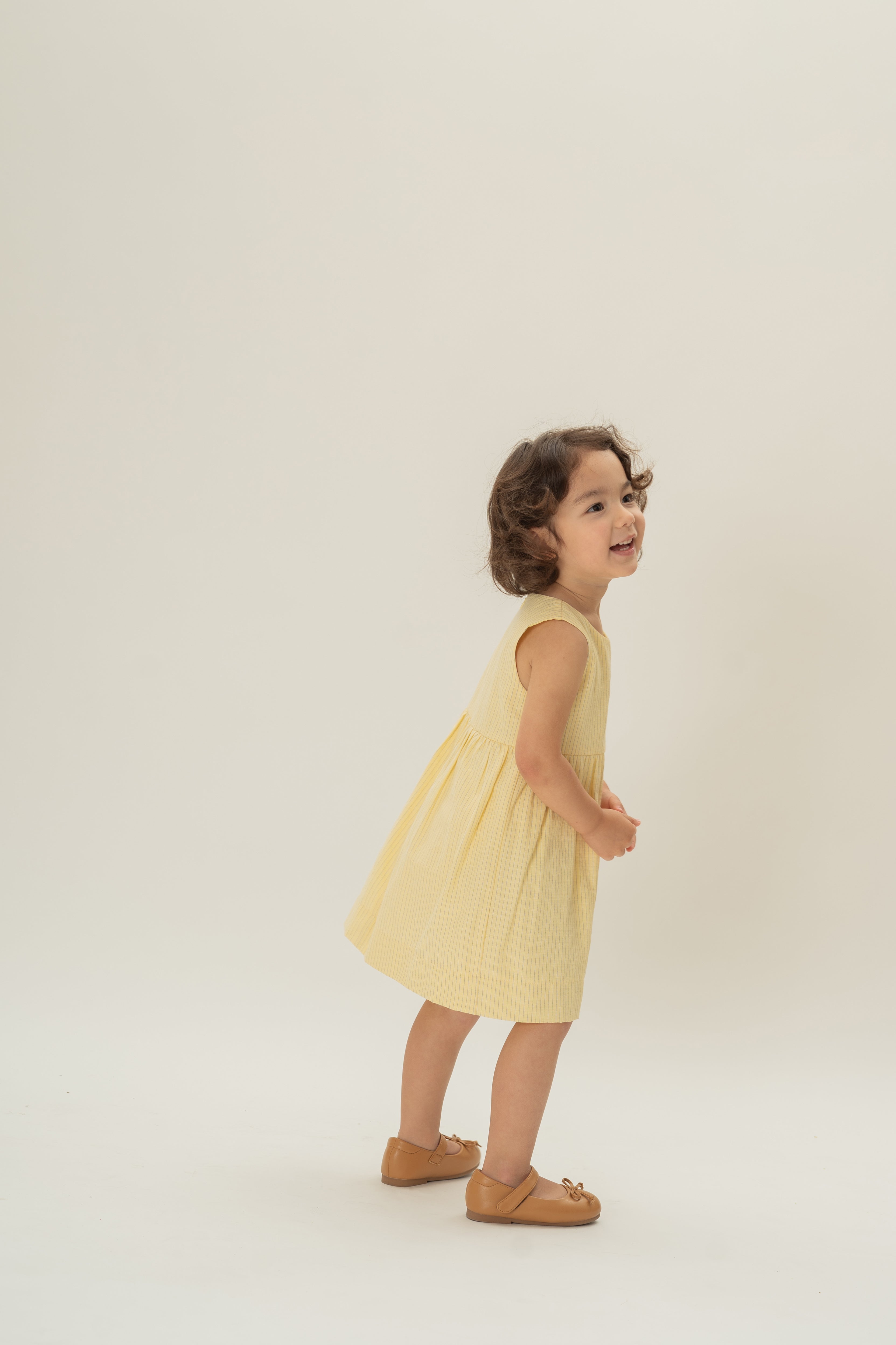 Mini Gathered Waist Dress in Linen Blend Lemon Stripes