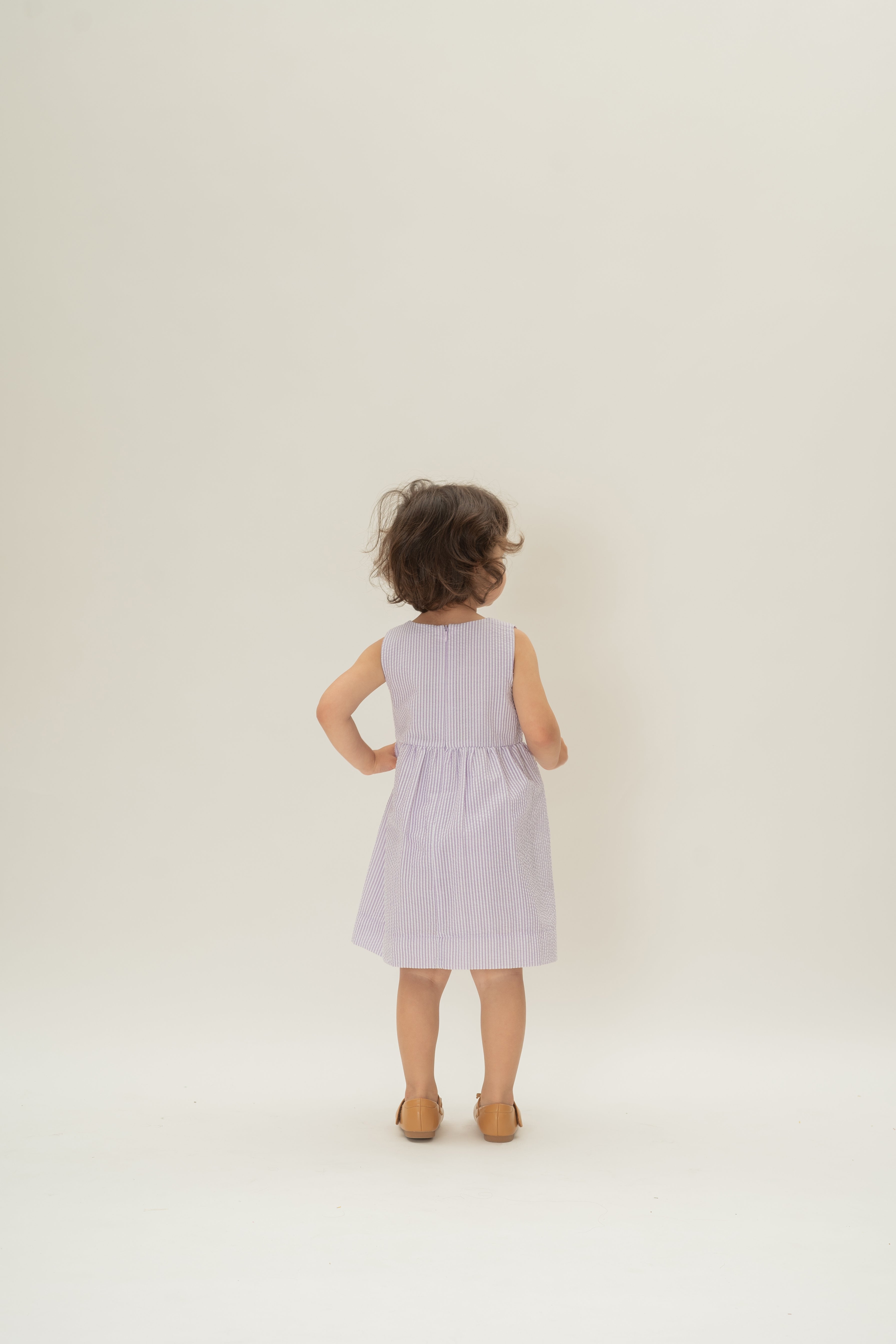 Mini Gathered Waist Dress in Seersucker Orchid Stripes