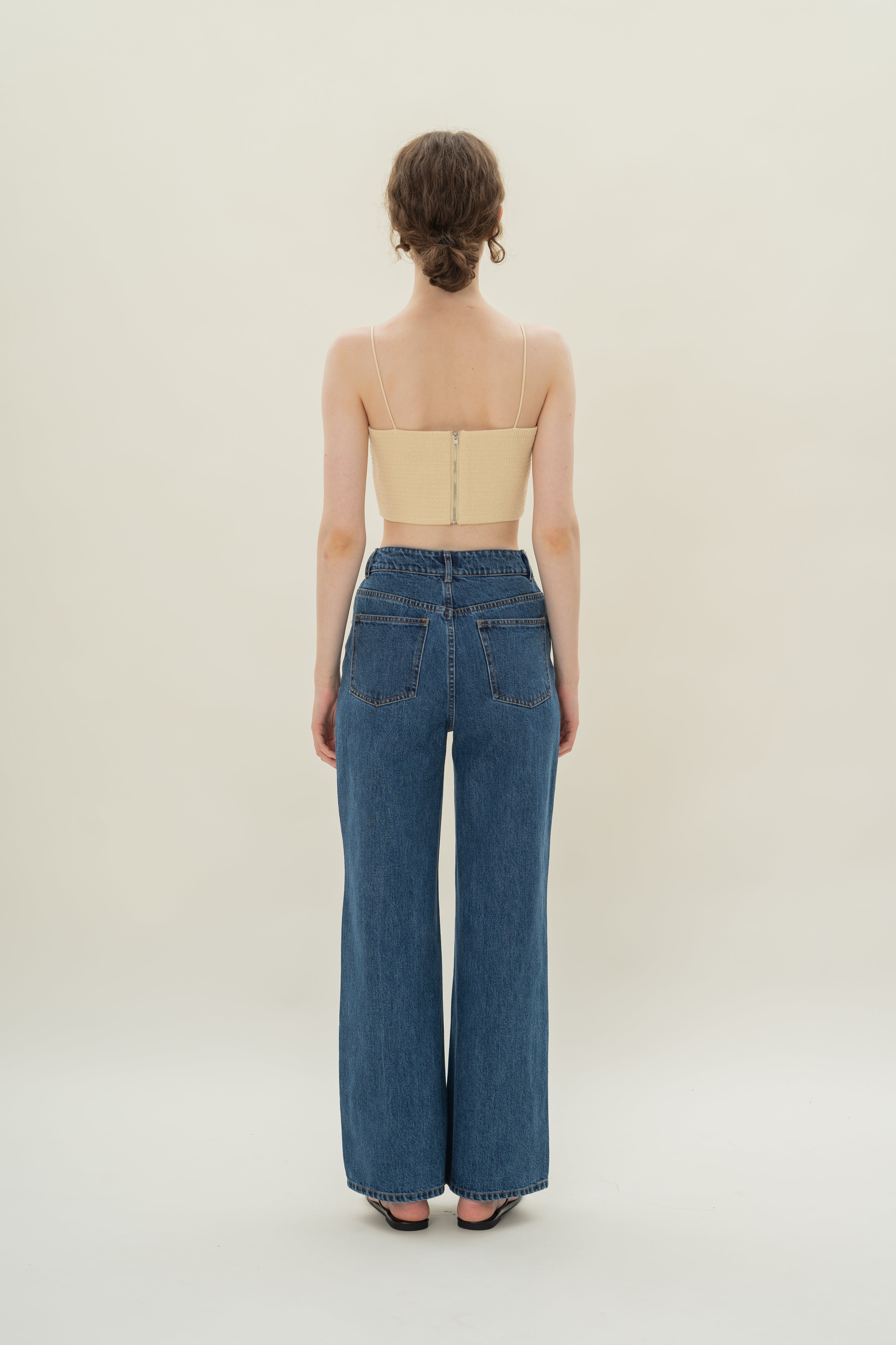 Textured Cropped Top With Thin Straps in Tweed Yellow