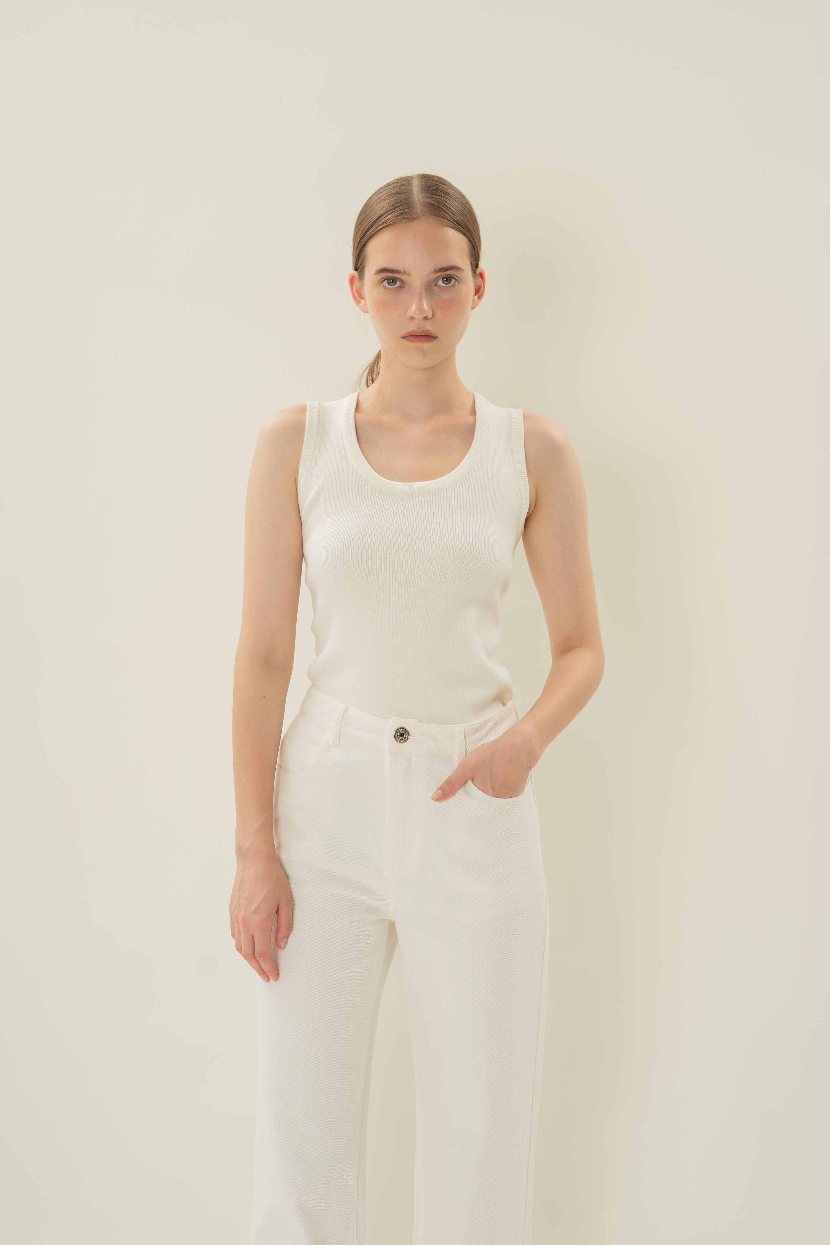 Round Neck Knitted Tank in White