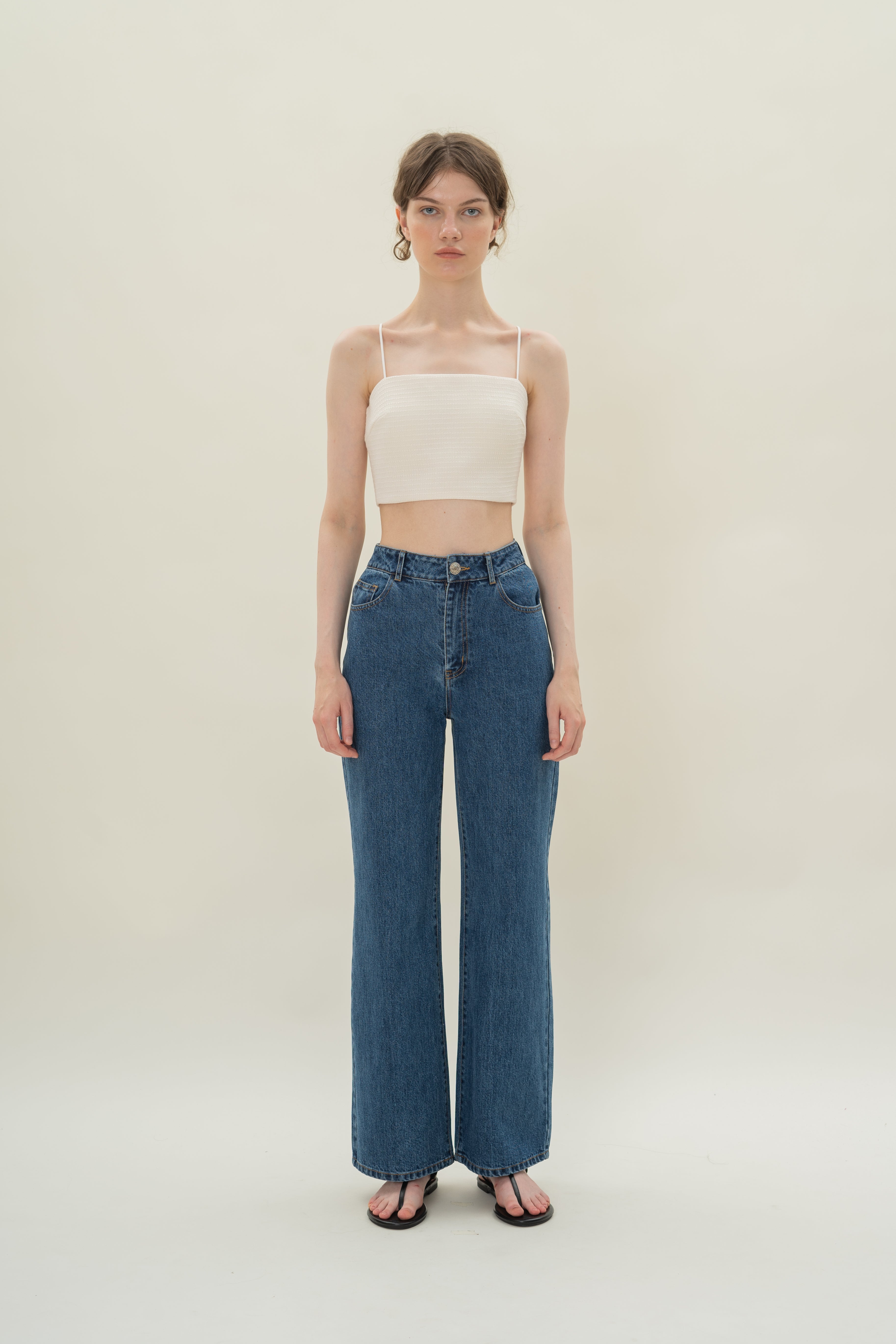 Textured Cropped Top With Thin Straps in Tweed White