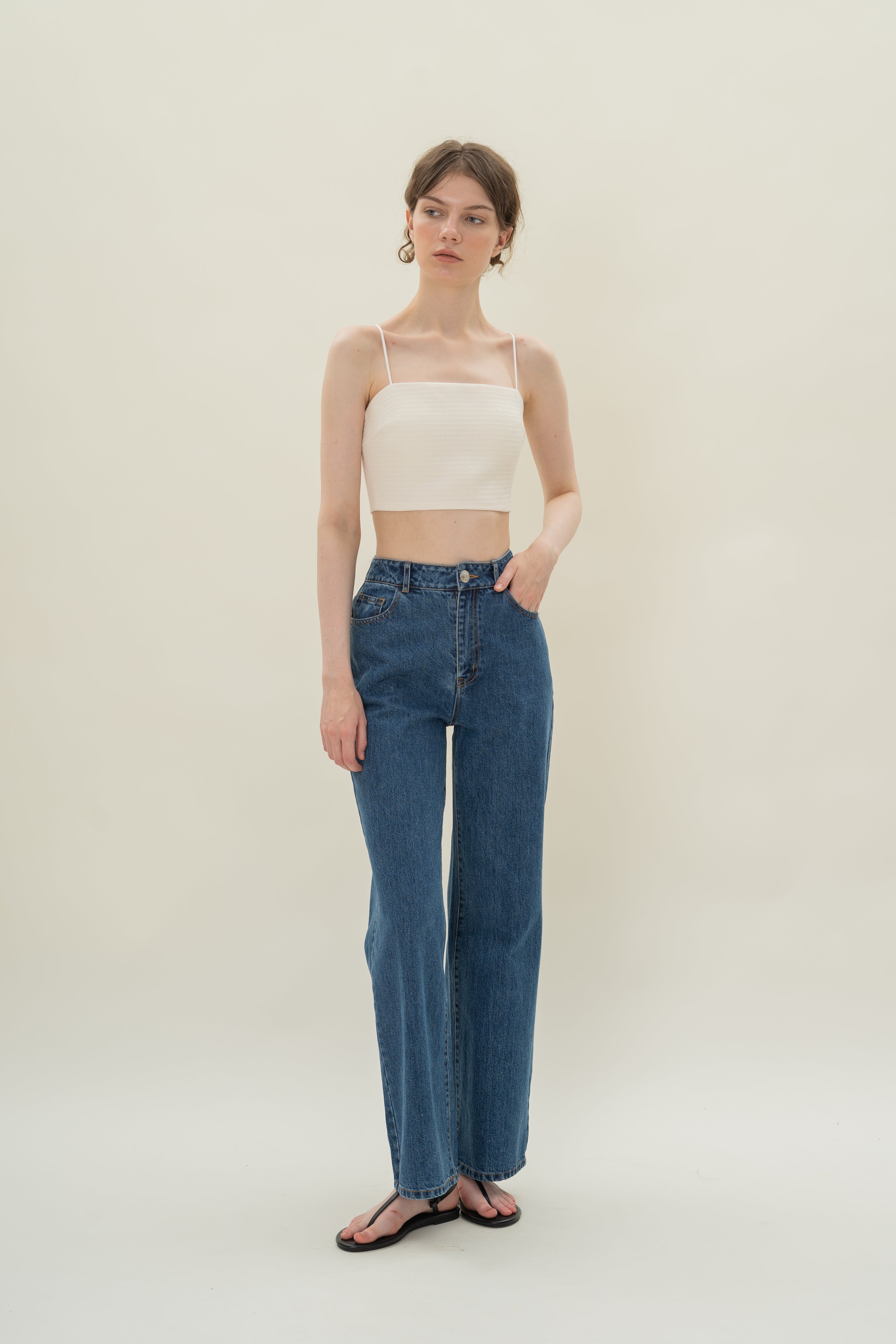 Textured Cropped Top With Thin Straps in Tweed White