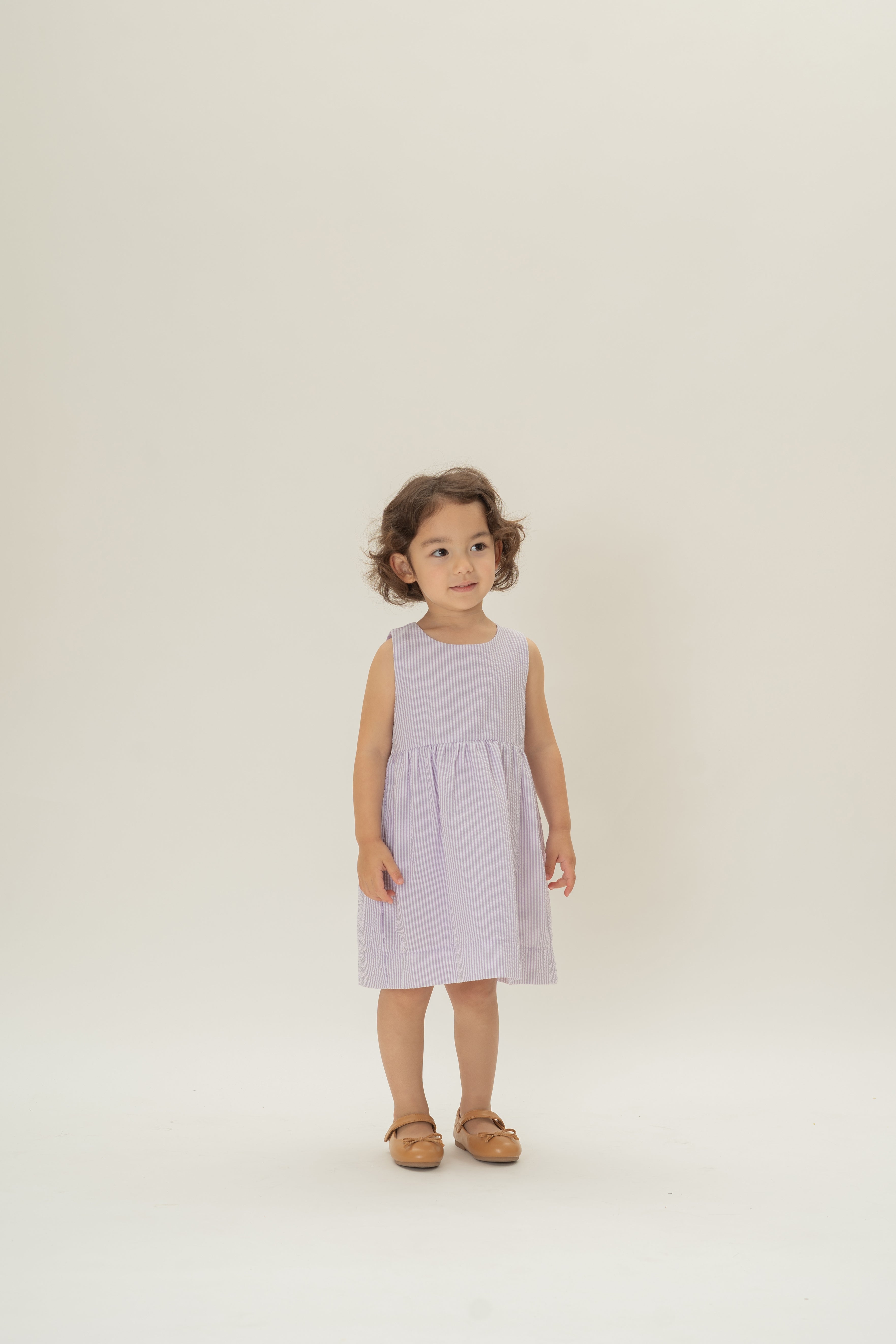 Mini Gathered Waist Dress in Seersucker Orchid Stripes