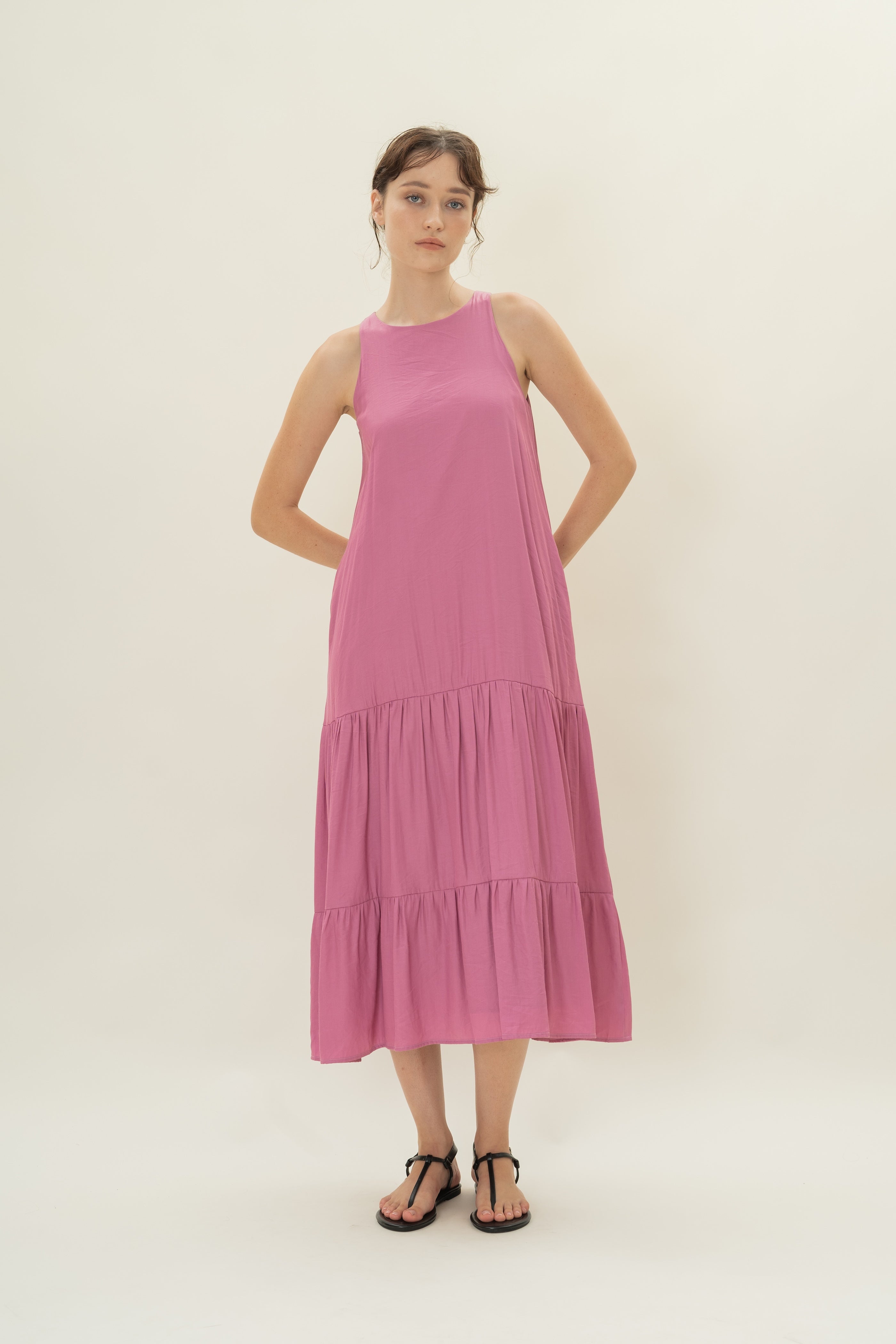 Cotton Blend Tiered Maxi Dress in Hibiscus