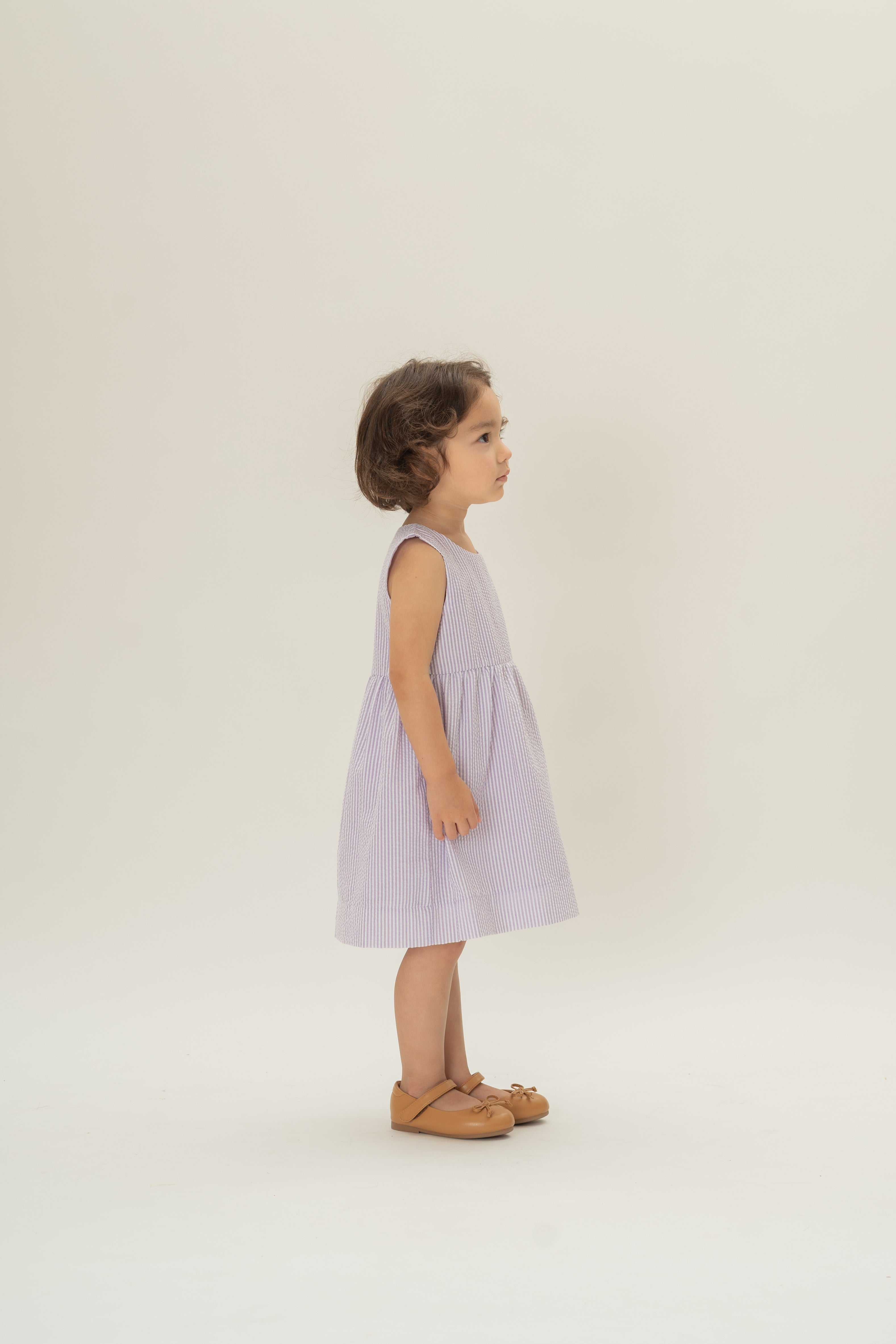 Mini Gathered Waist Dress in Seersucker Orchid Stripes