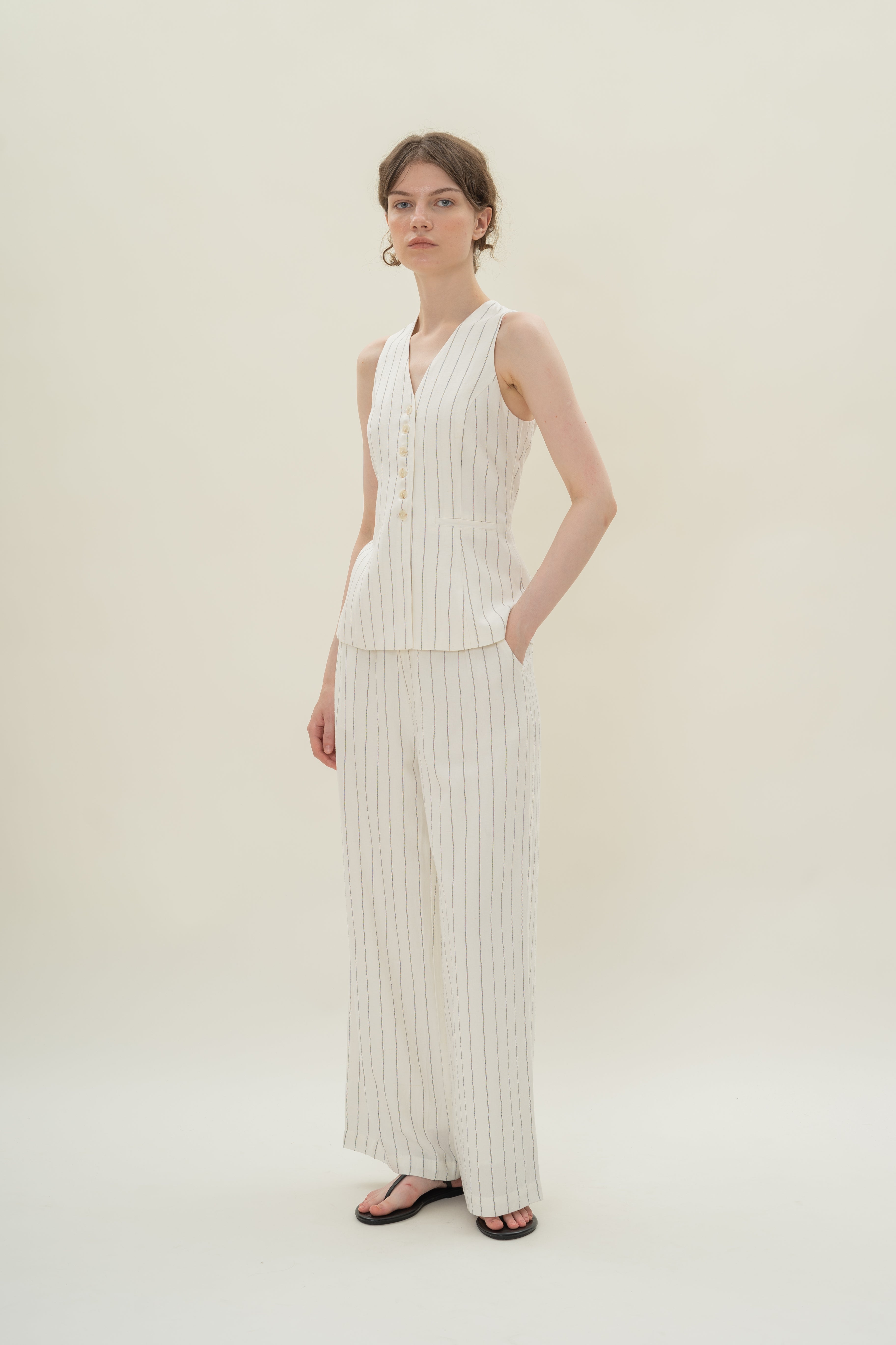 Linen Blend Longline Waistcoat in White Stripes