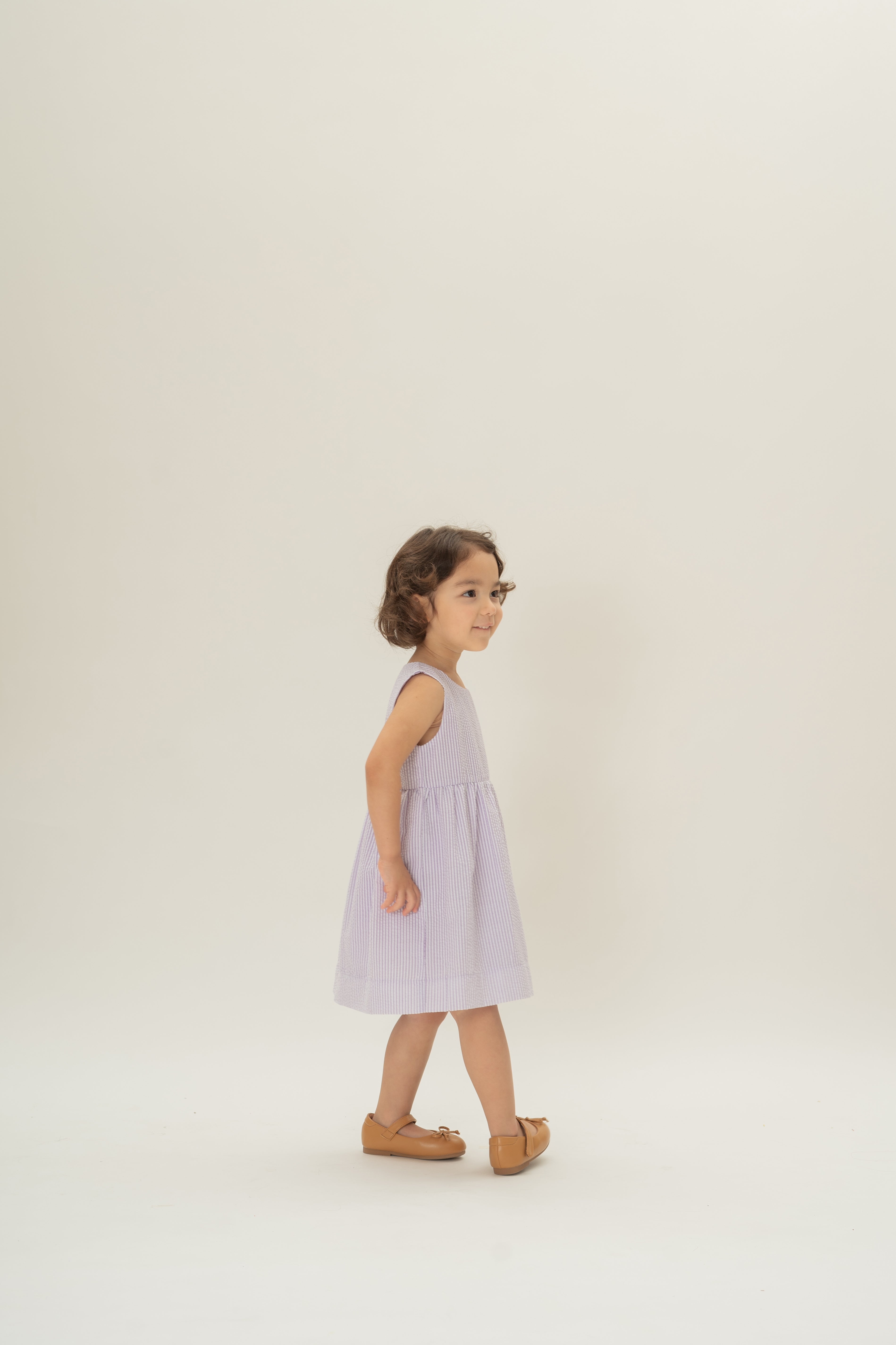 Mini Gathered Waist Dress in Seersucker Orchid Stripes