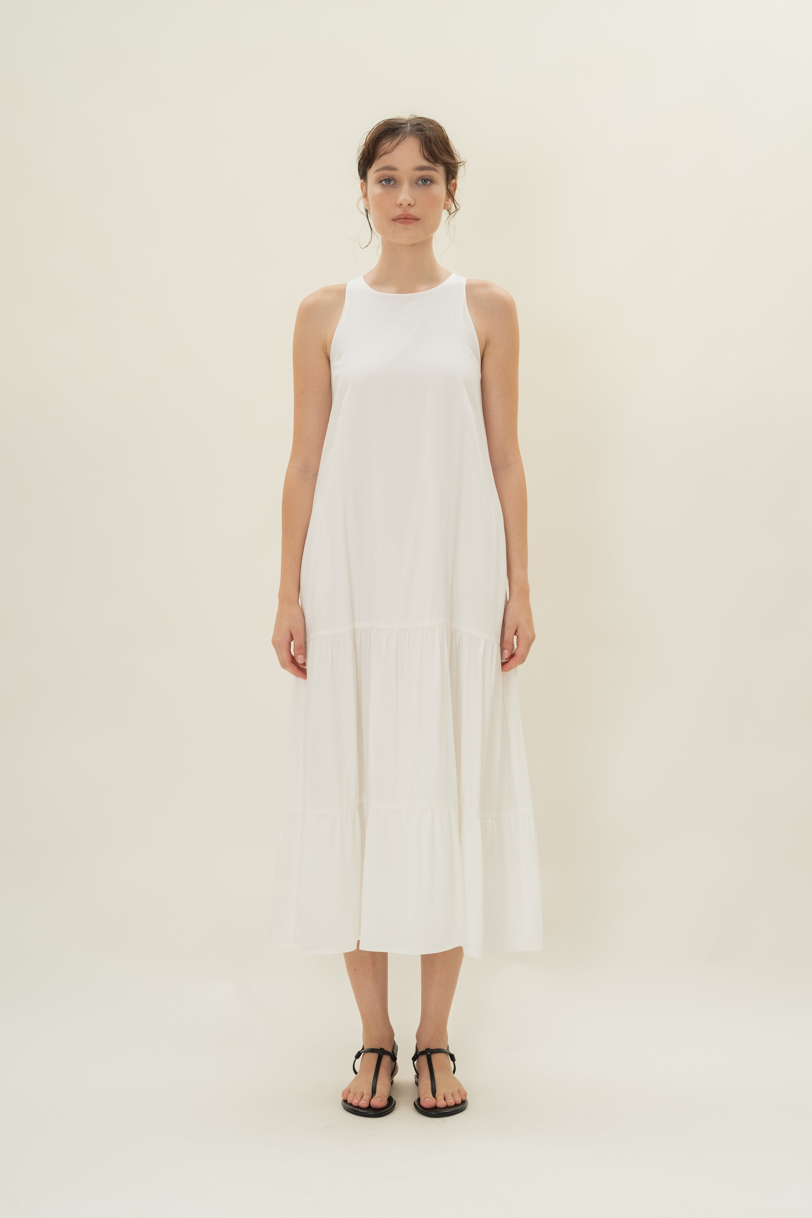 Cotton Blend Tiered Maxi Dress in White