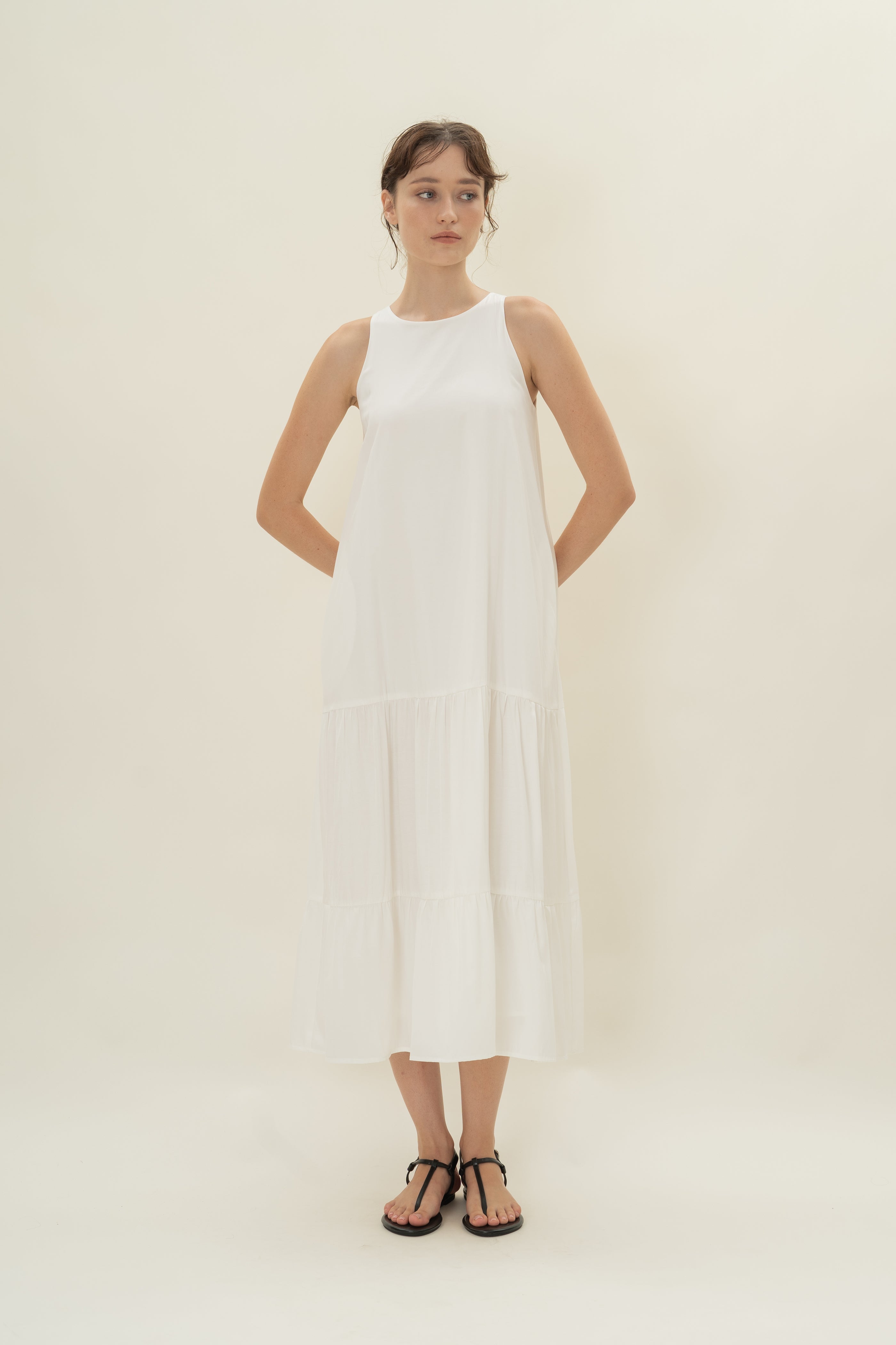 Cotton Blend Tiered Maxi Dress in White