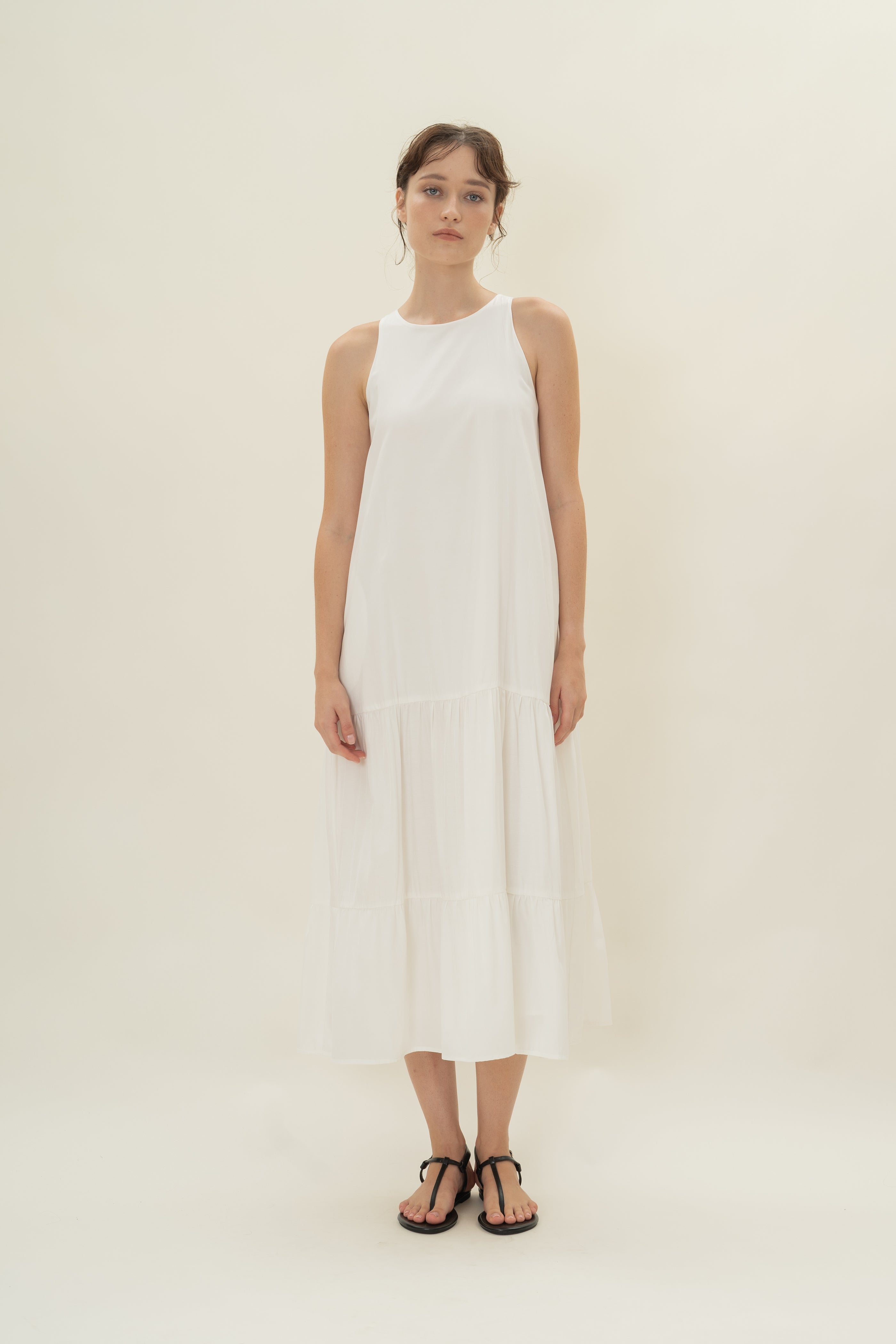 Cotton Blend Tiered Maxi Dress in White
