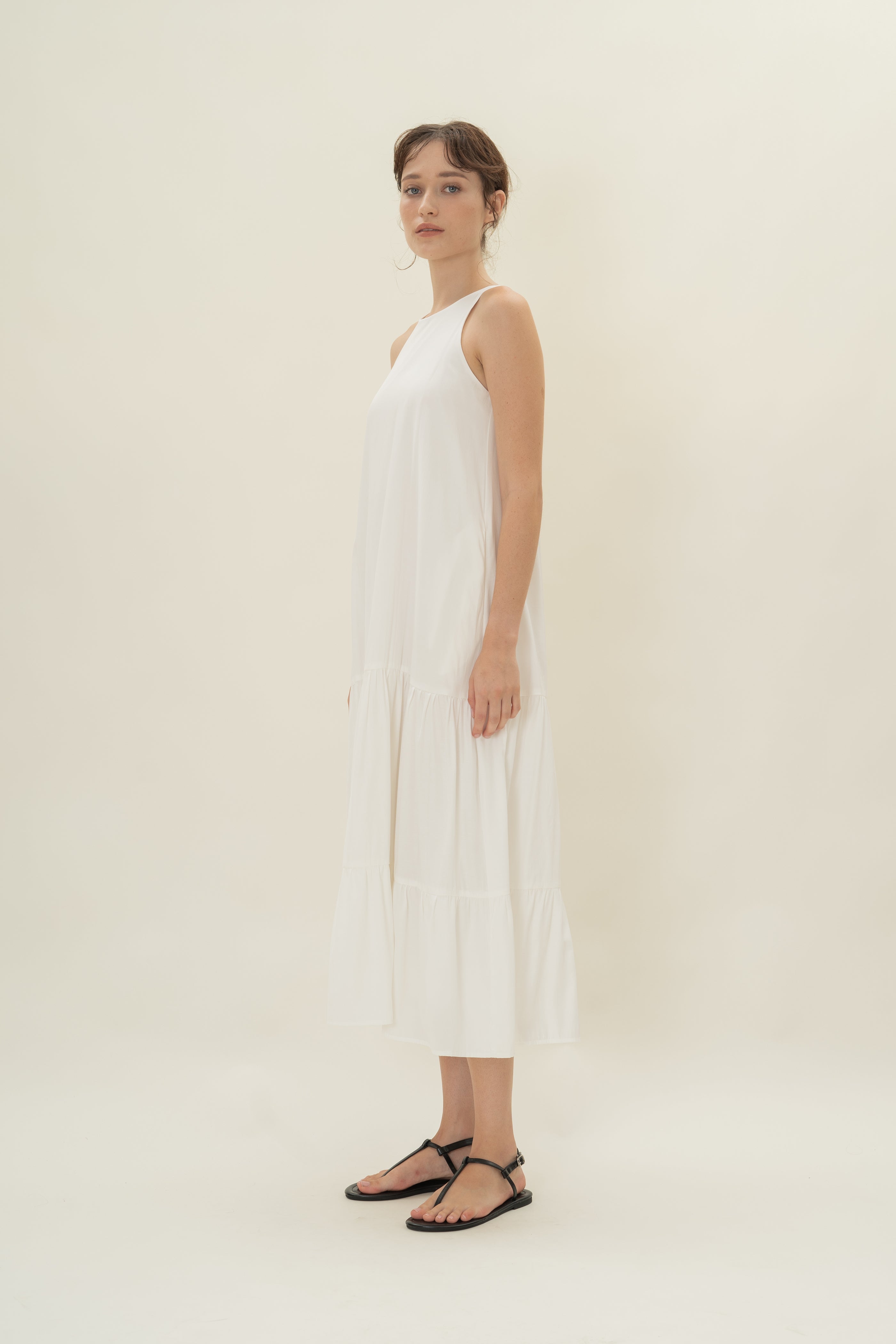 Cotton Blend Tiered Maxi Dress in White