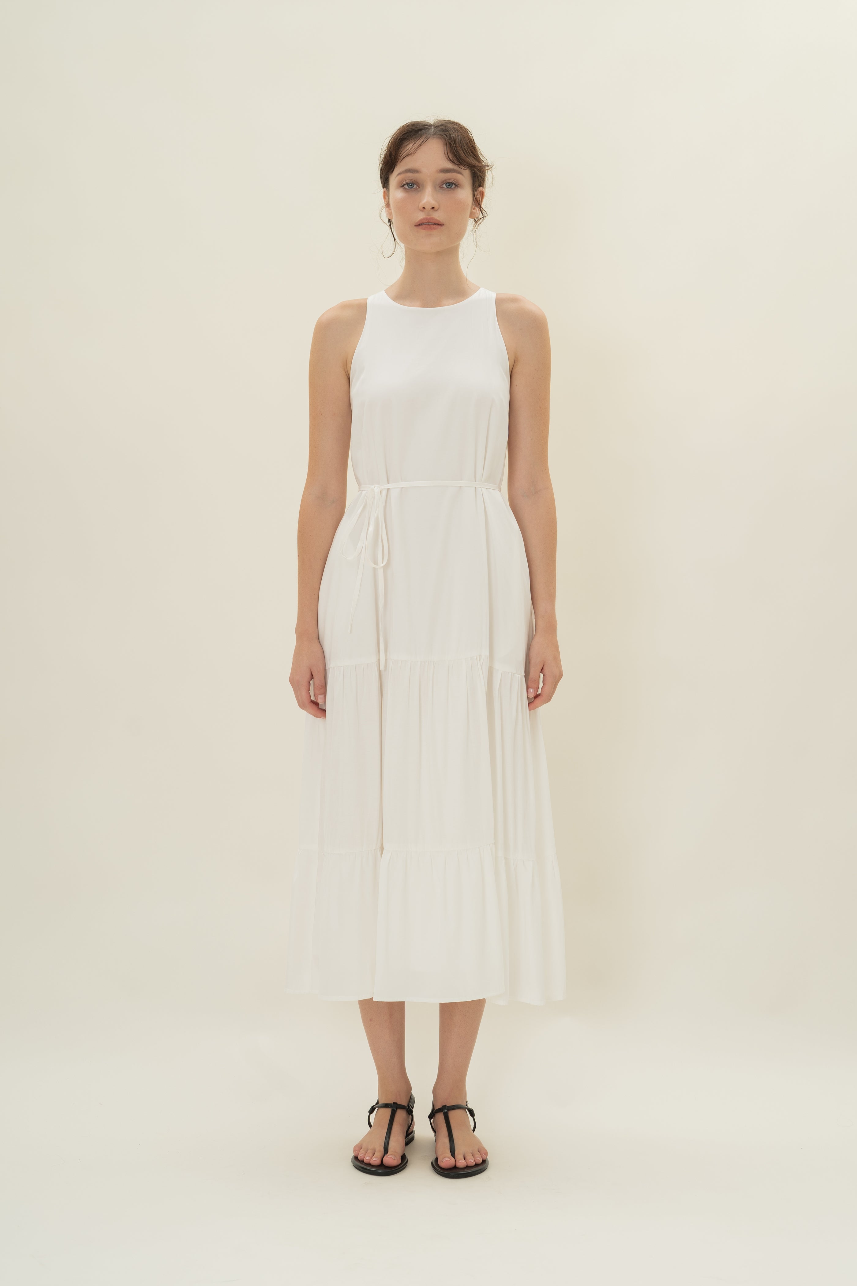 Cotton Blend Tiered Maxi Dress in White