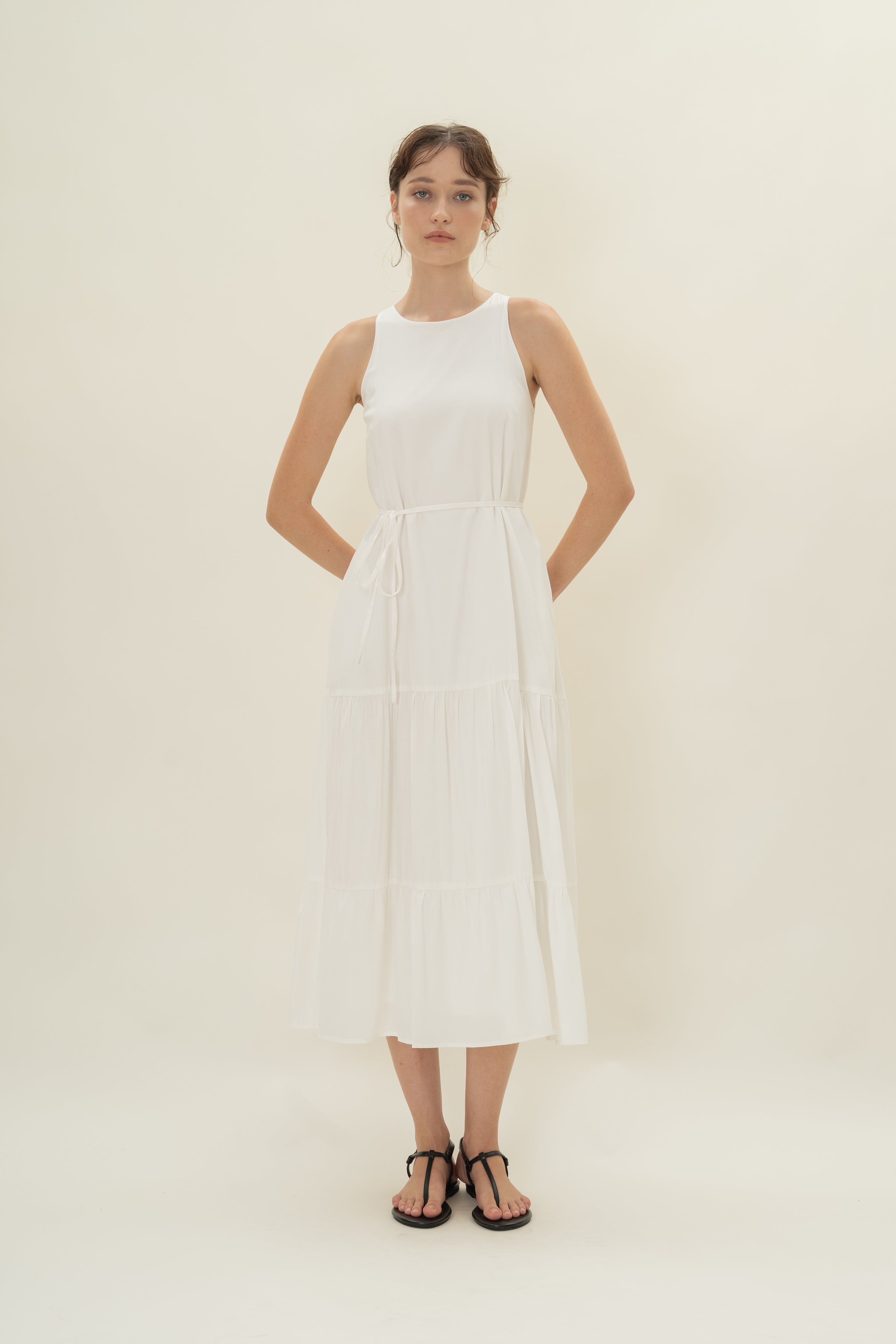 Cotton Blend Tiered Maxi Dress in White