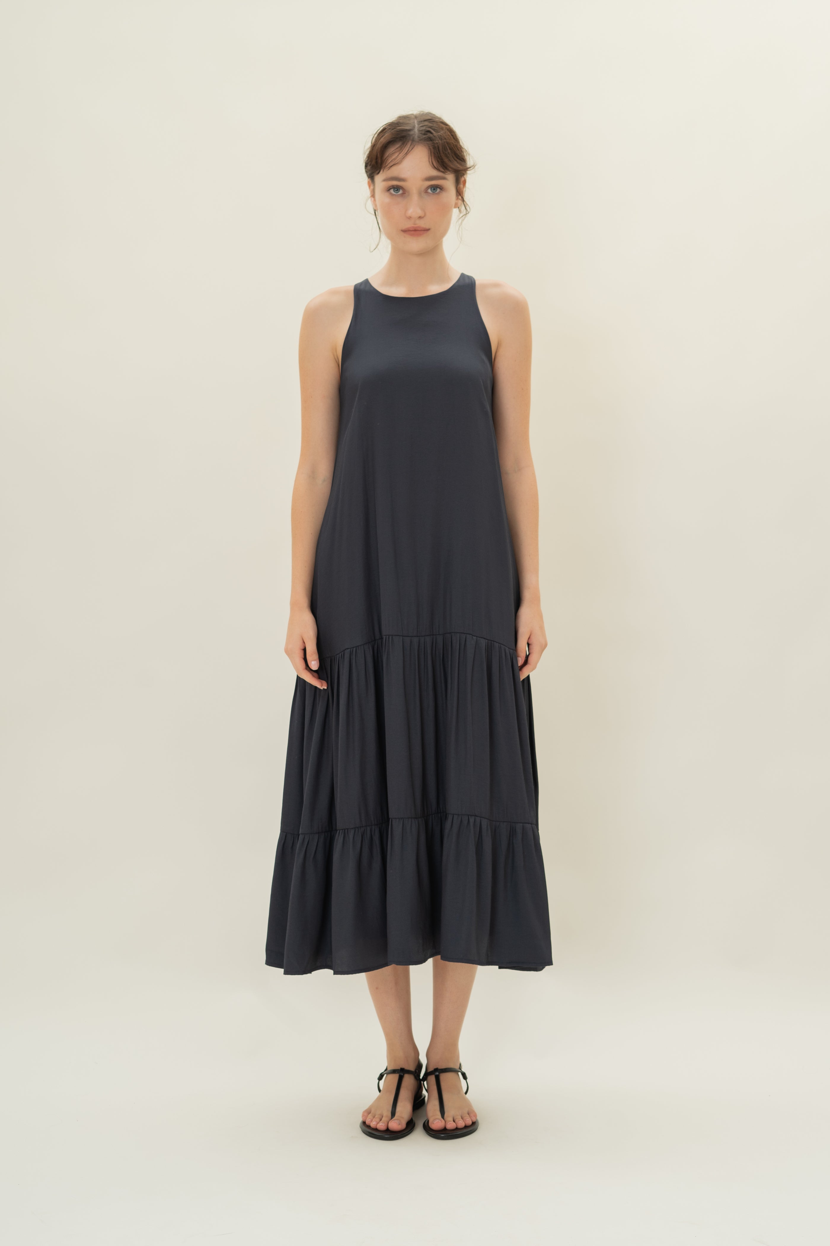 Cotton Blend Tiered Maxi Dress in Dark Navy