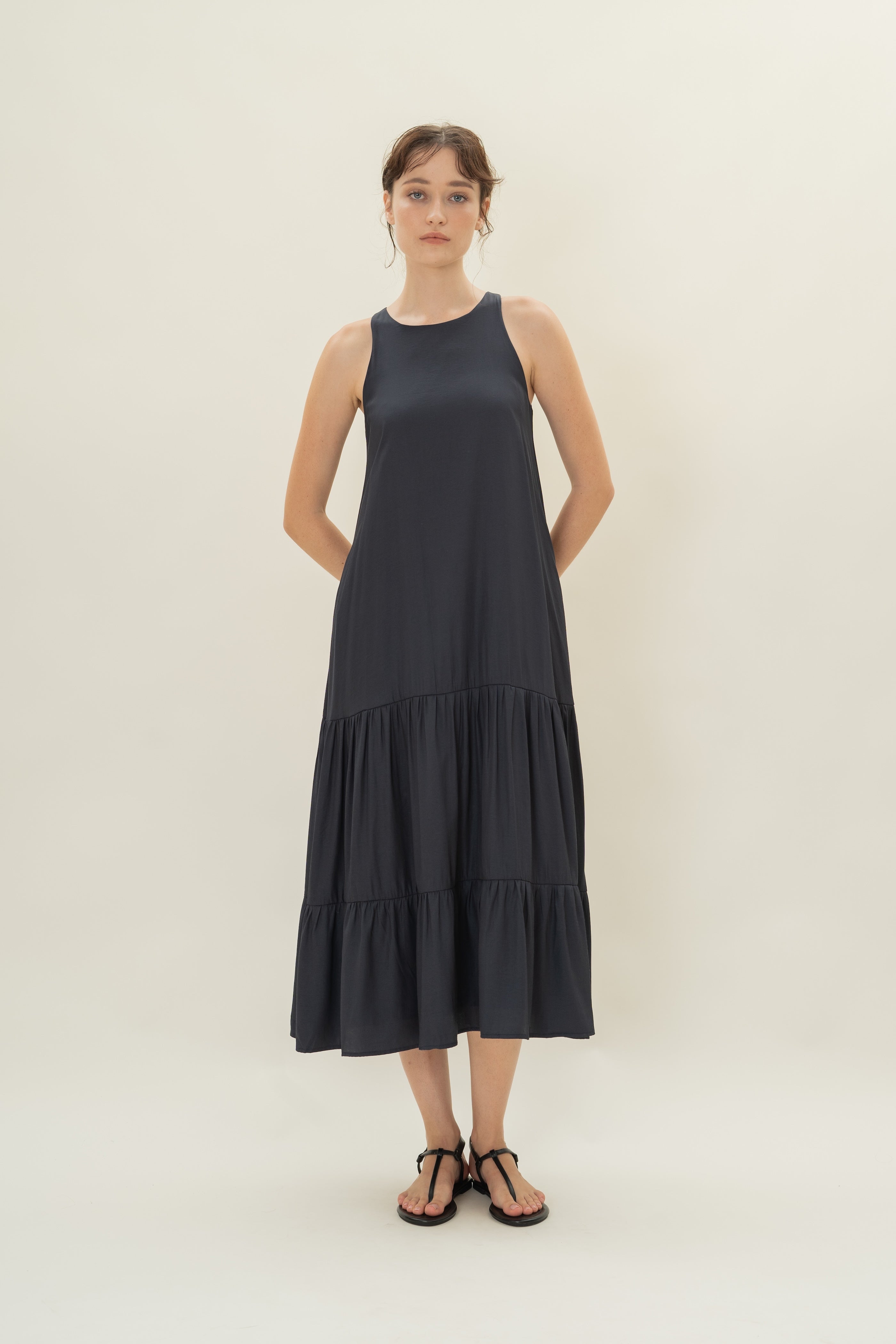 Cotton Blend Tiered Maxi Dress in Dark Navy