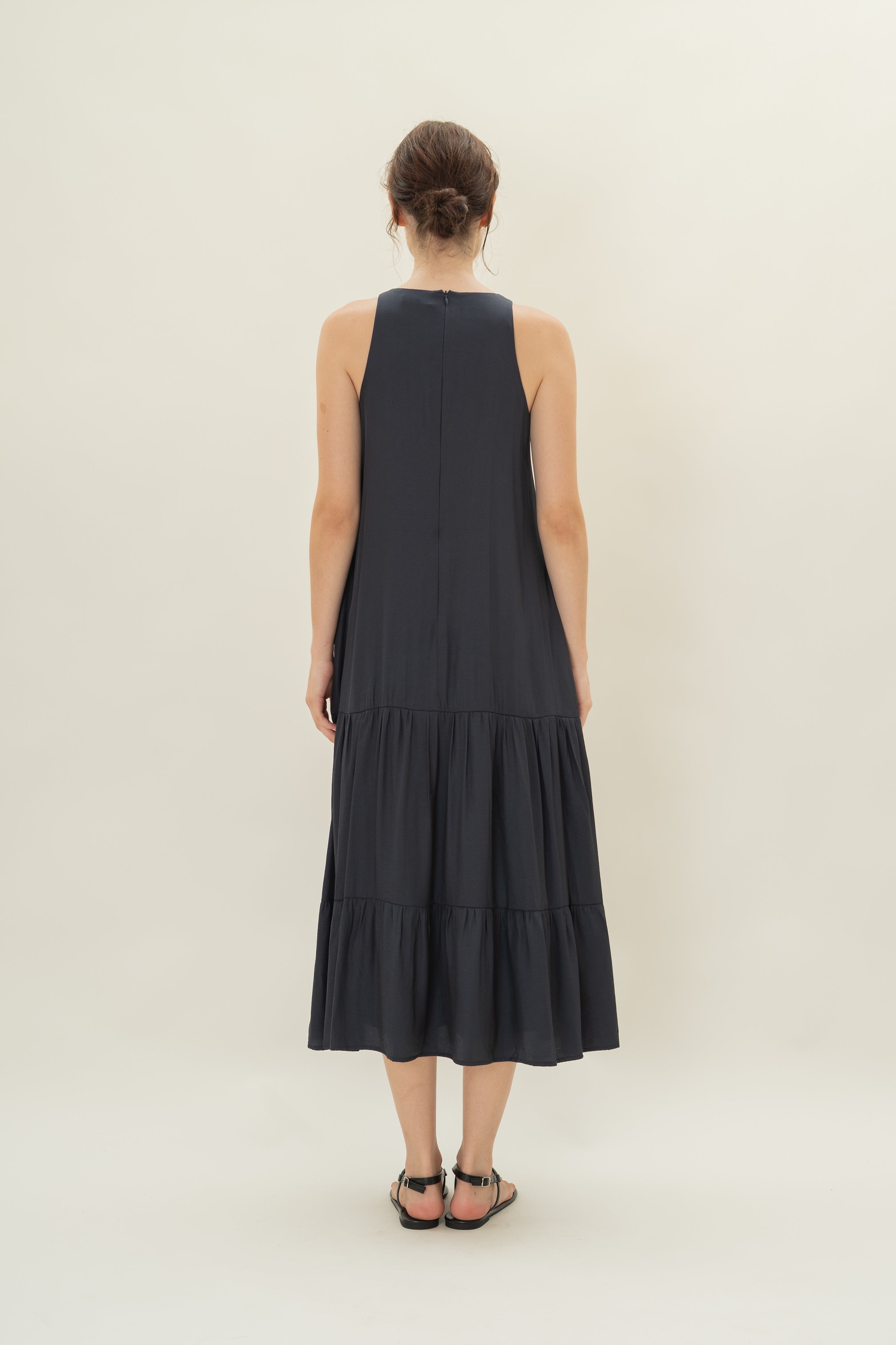 Cotton Blend Tiered Maxi Dress in Dark Navy