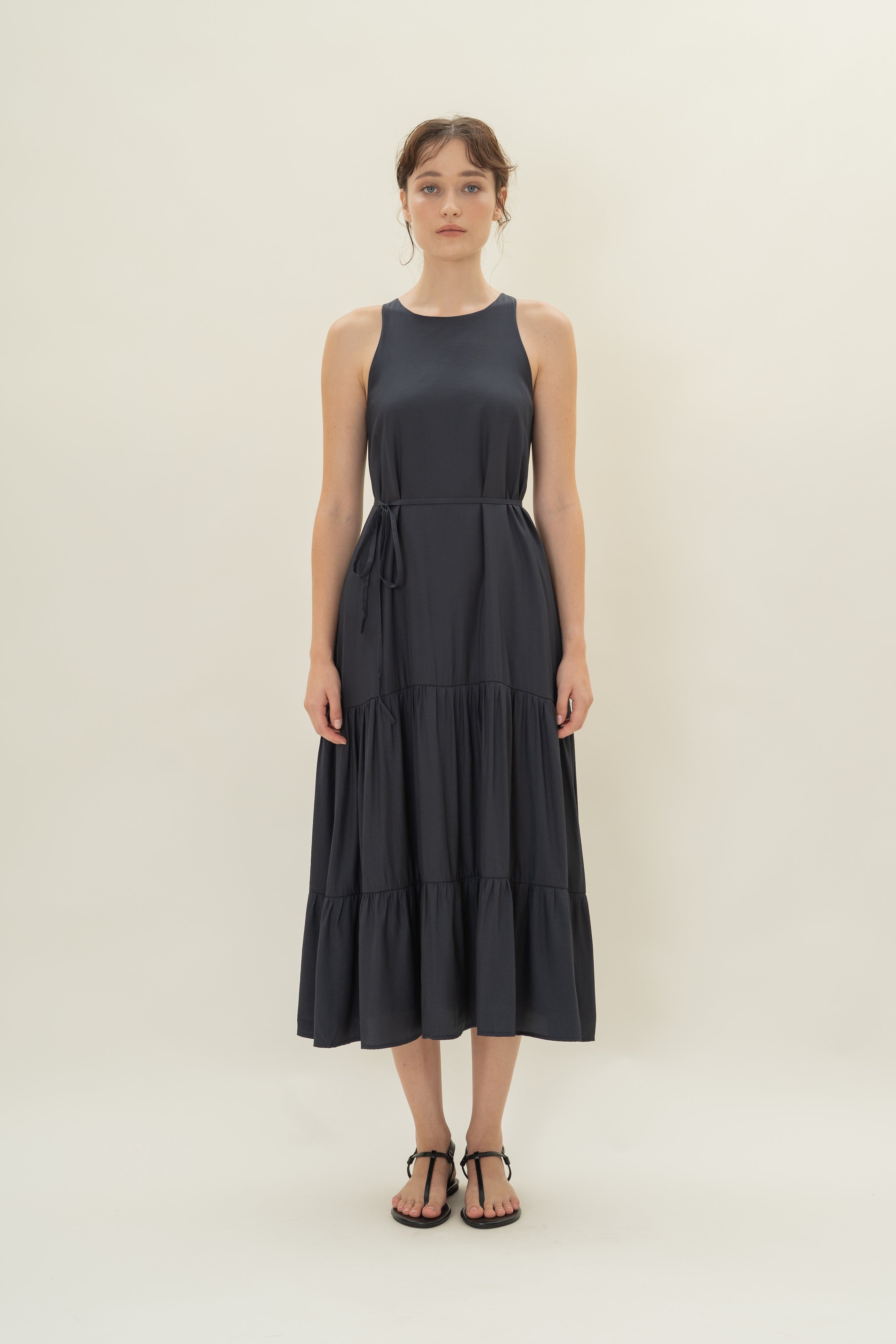 Cotton Blend Tiered Maxi Dress in Dark Navy