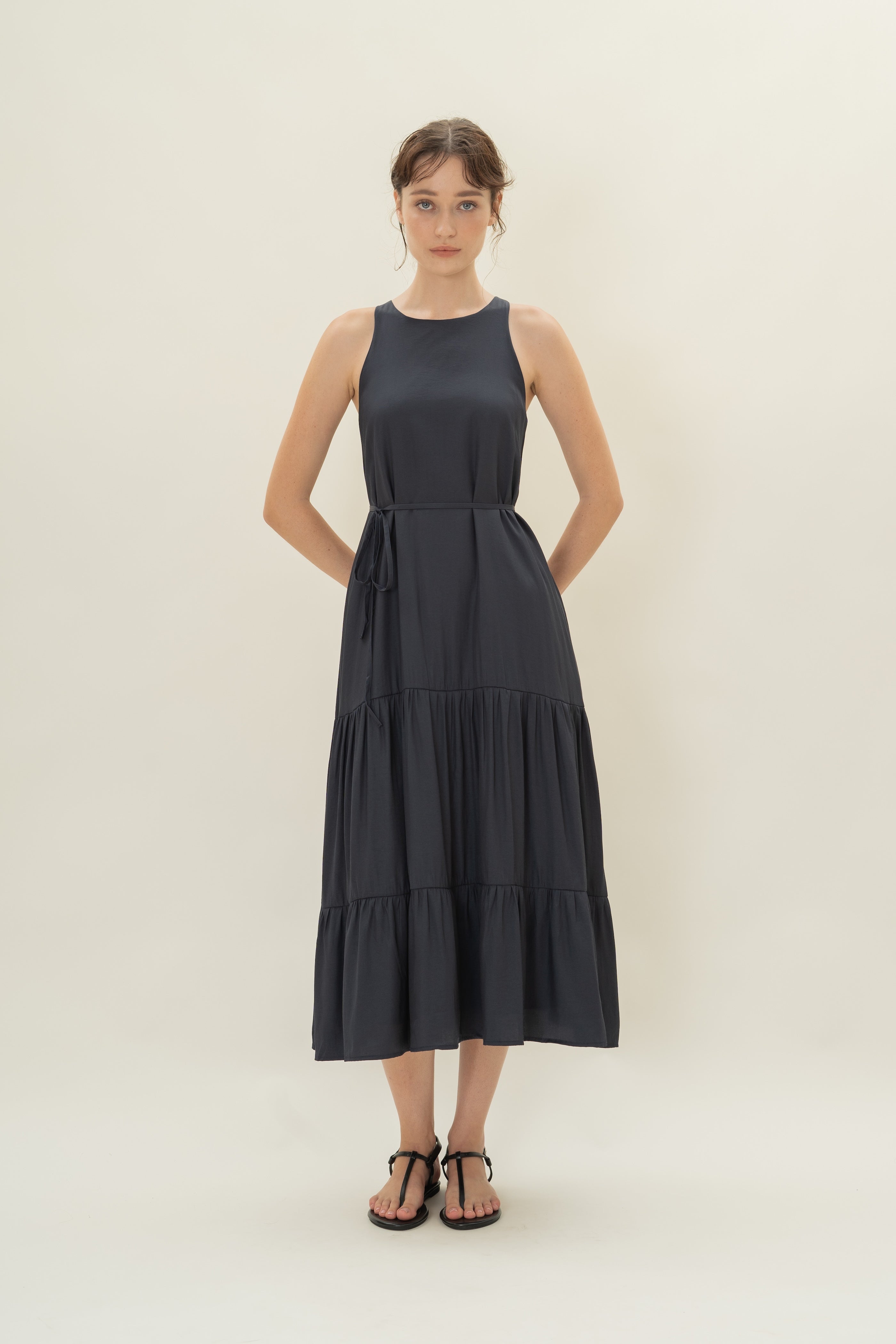 Cotton Blend Tiered Maxi Dress in Dark Navy
