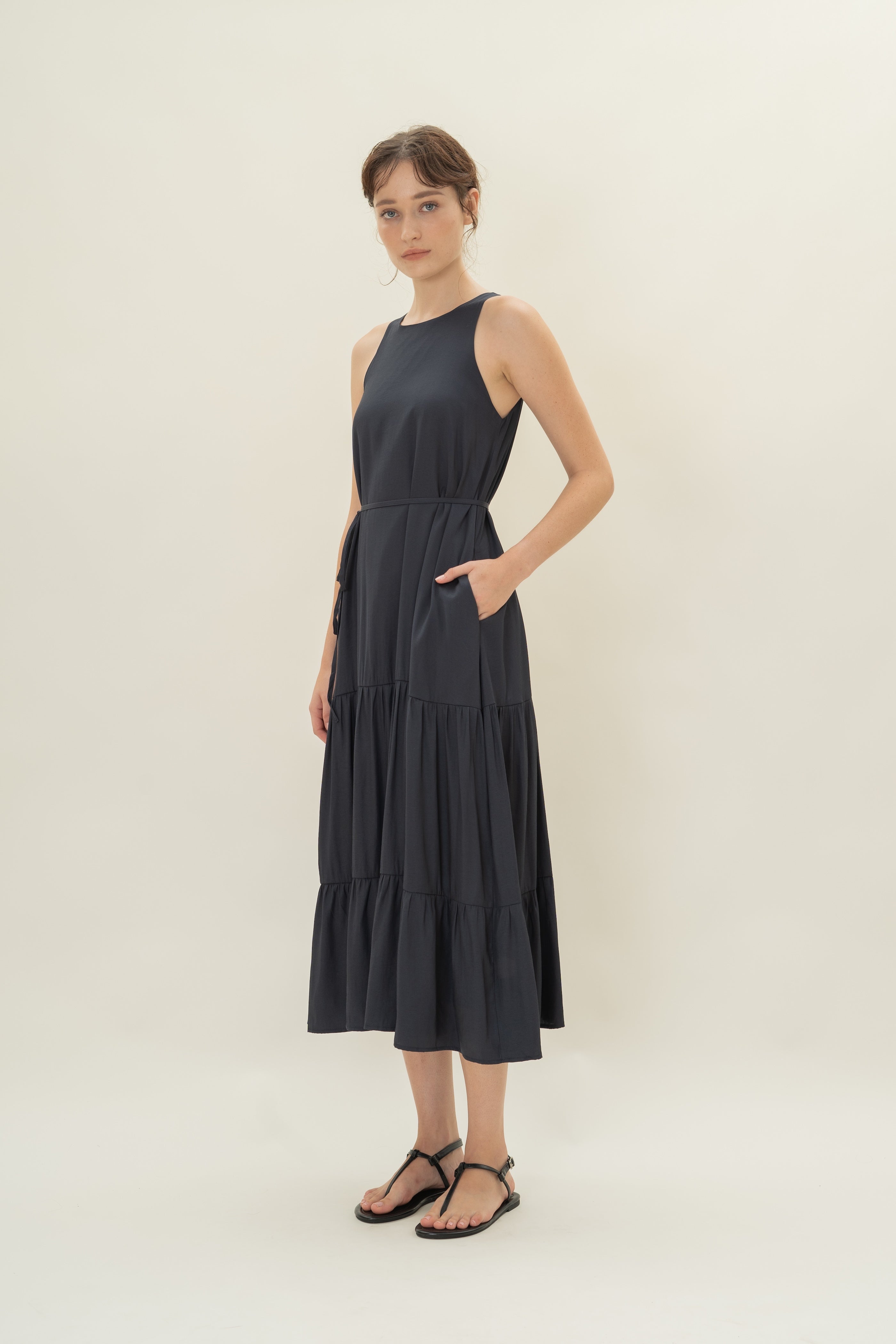 Cotton Blend Tiered Maxi Dress in Dark Navy