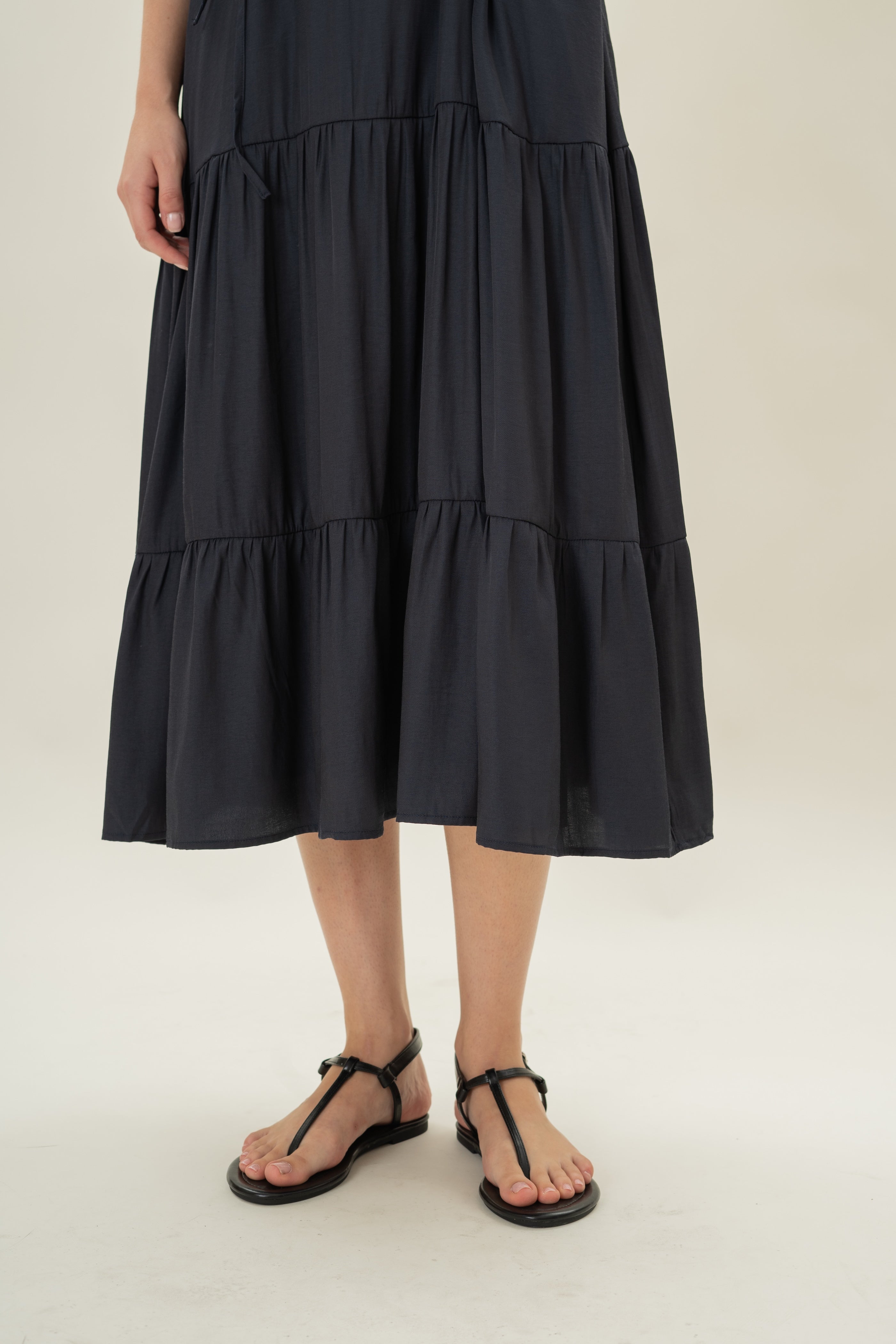 Cotton Blend Tiered Maxi Dress in Dark Navy