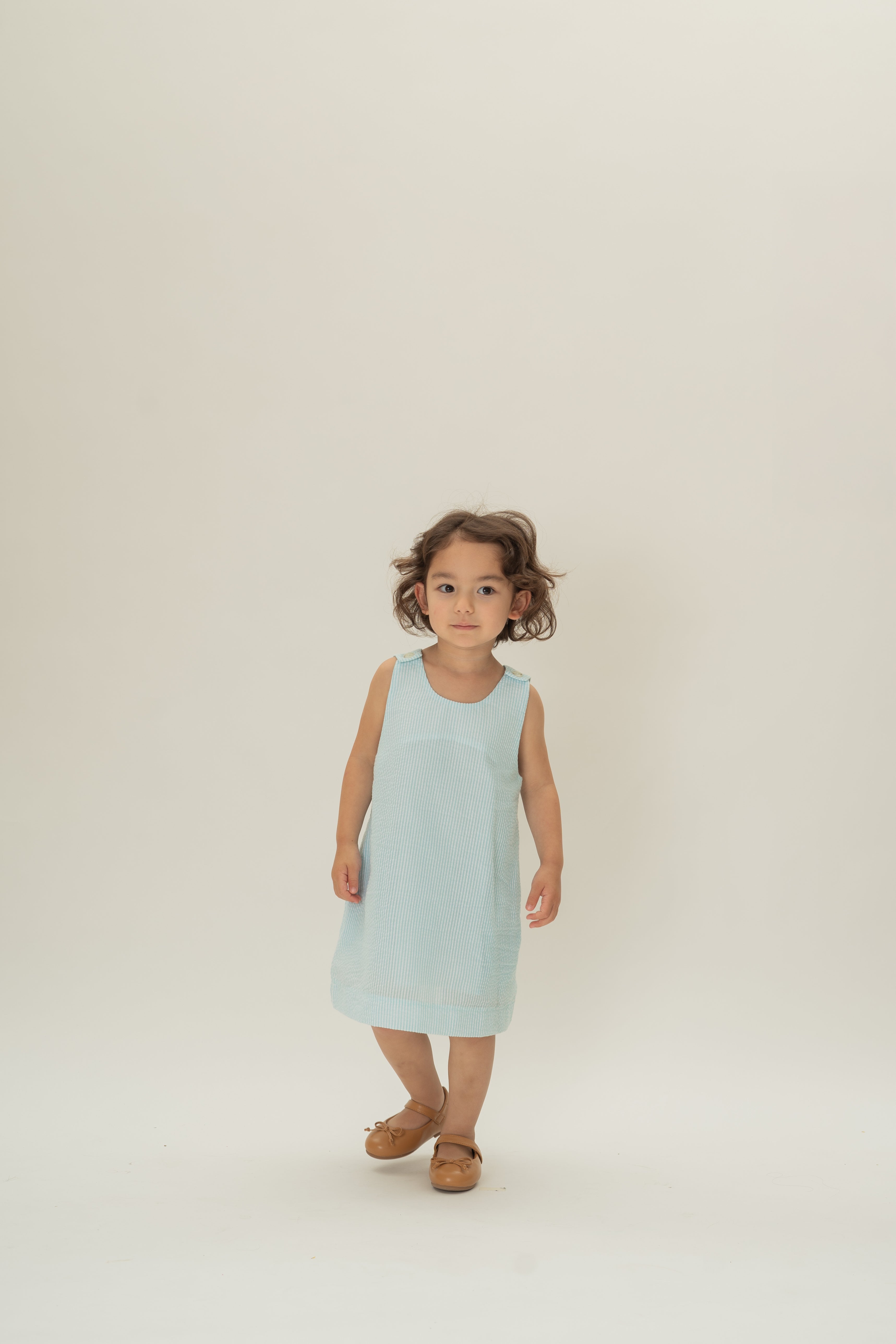 Mini Sleeveless A-line Dress in Seersucker Marine Stripes