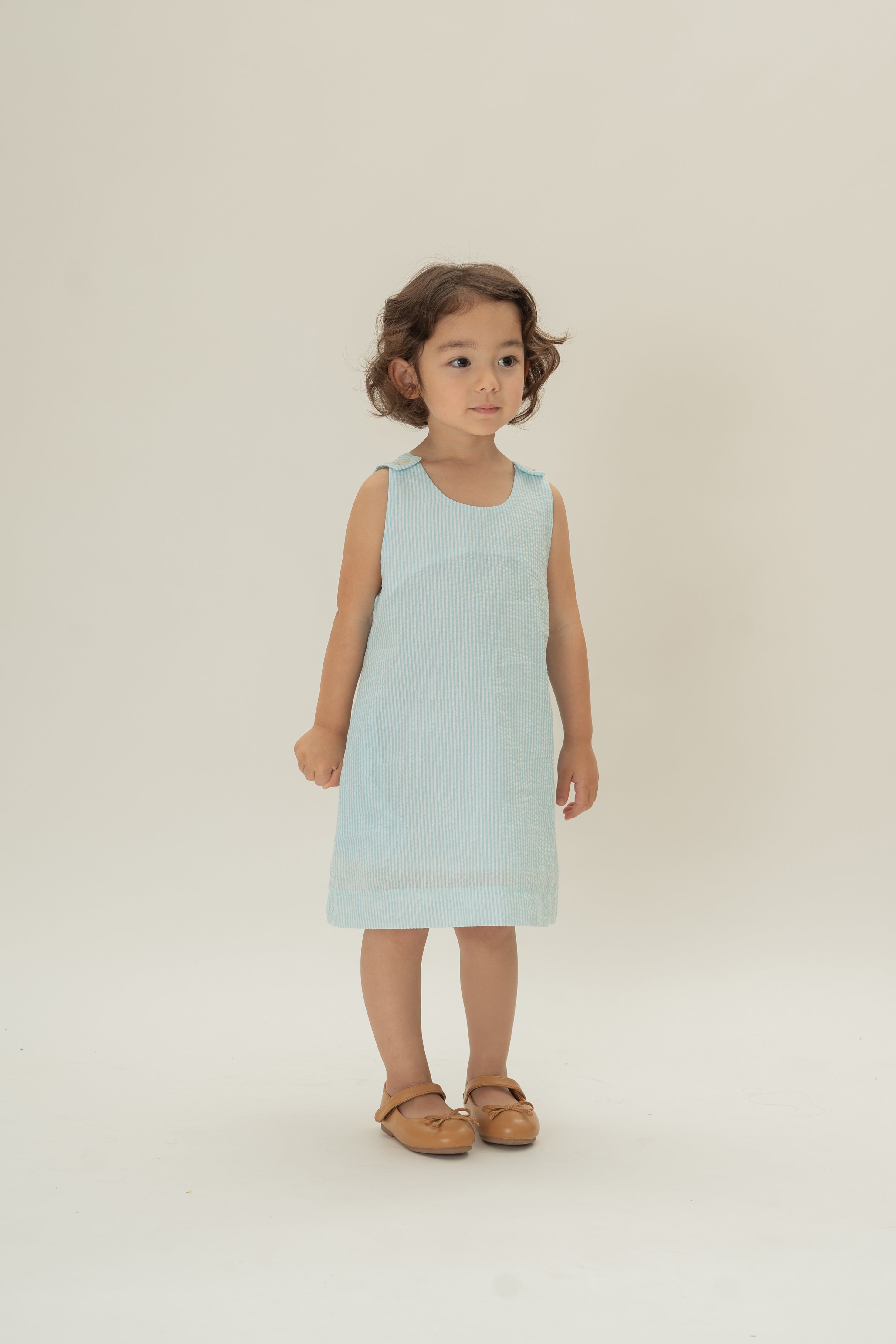 Mini Sleeveless A-line Dress in Seersucker Marine Stripes