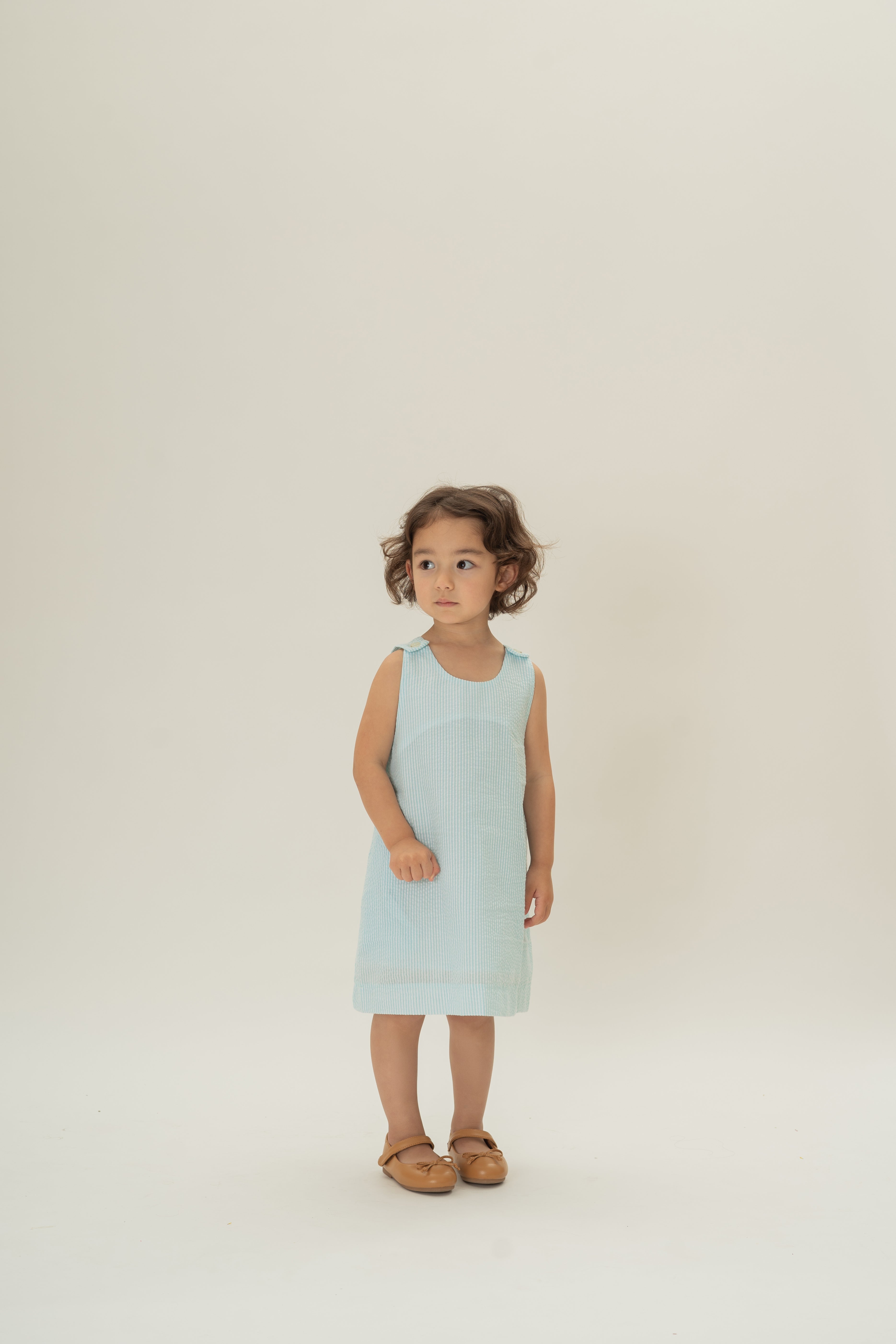 Mini Sleeveless A-line Dress in Seersucker Marine Stripes